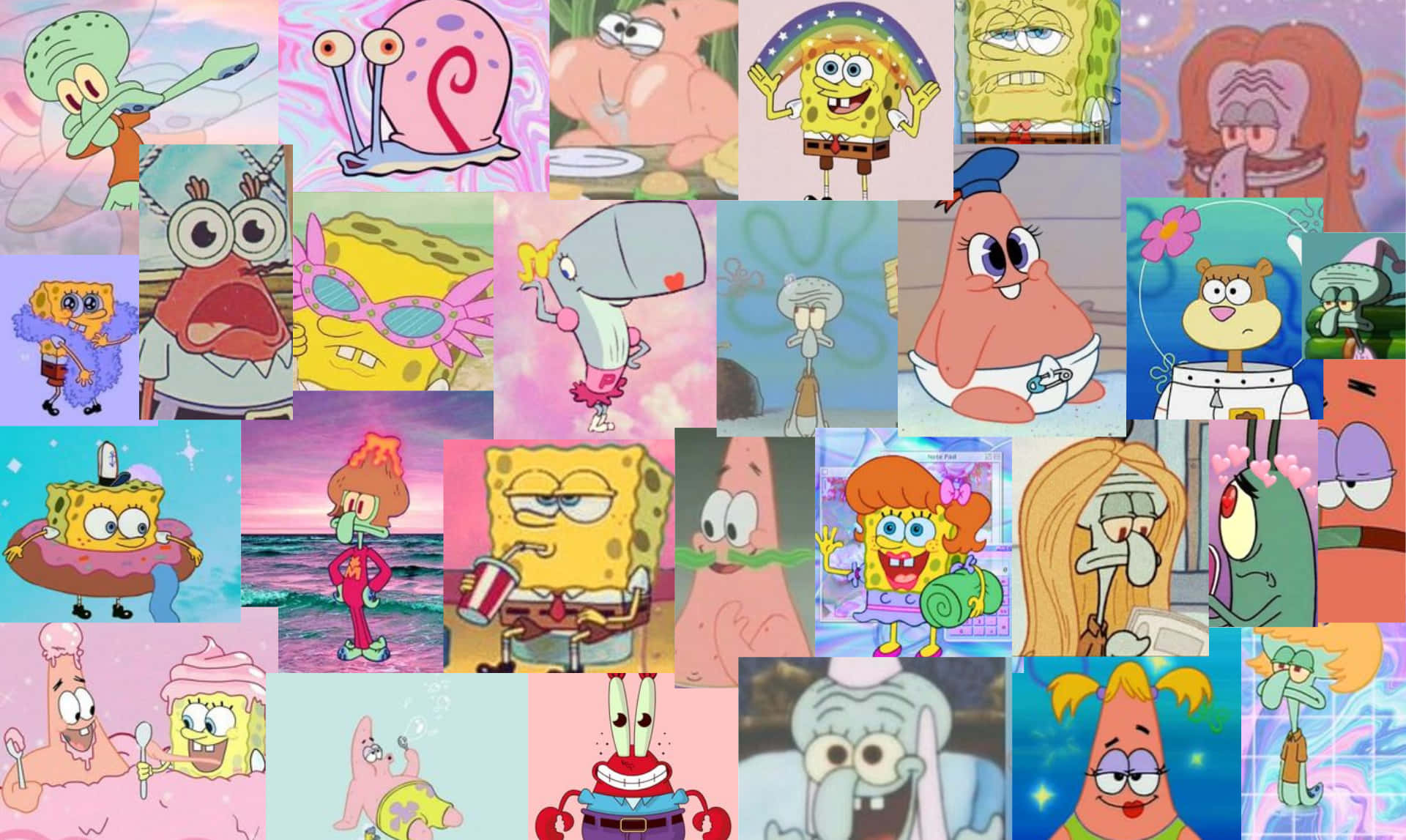 Aesthetic Spongebob 桌布 壁紙 — 色彩繽紛的海綿寶寶角色拼貼畫，卡通場景表情誇張。