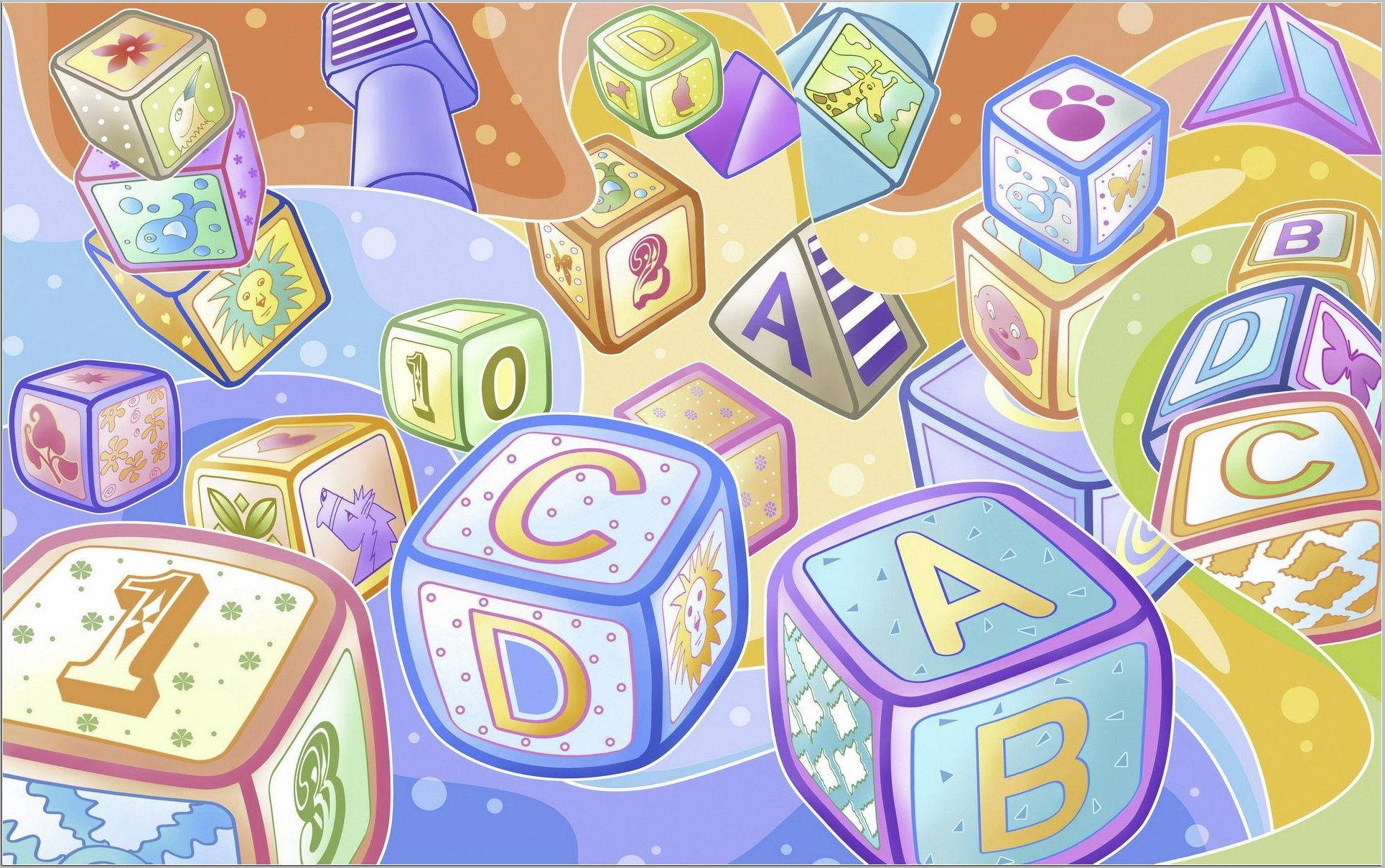 abc 桌布 壁紙 — 色彩繽紛的漂浮字母和數字方塊，帶有俏皮圖案，在夢幻的粉彩漩渦中飄動。