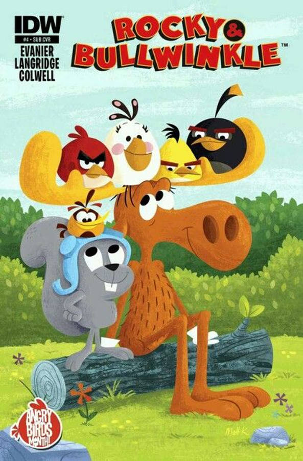 rocky 桌布 壁紙 — 色彩繽紛的漫畫書封面，描繪 Rocky the Bullwinkle 和 Angry Birds 角色在歡樂的戶外場景中。