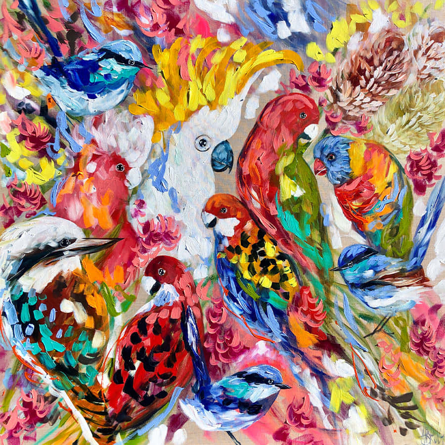 artwork 桌布 壁紙 — 色彩繽紛的澳洲鳥類（如鳳頭鸚鵡和笑翠鳥）在明亮花卉中的生動油畫。