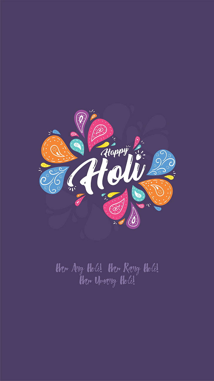 Holi 桌布 壁紙 — 色彩繽紛的灑紅節賀卡，帶有俏皮的佩斯利圖案和節日文字，背景為深紫色。