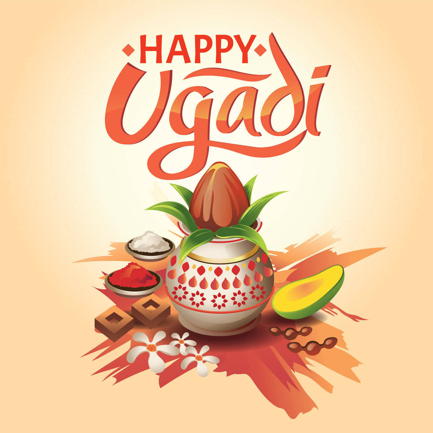 Gudi Padwa 桌布 壁紙 — 色彩繽紛的烏加迪節日問候，裝飾罐上放有椰子，周圍環繞著傳統糖果和鮮花。