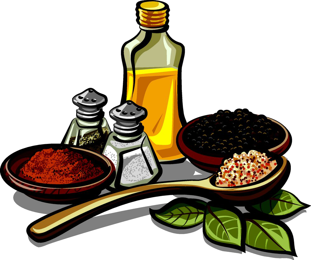 Spices 桌布 壁紙 — 色彩繽紛的烹飪香料和調味料插圖，排列在木勺上，搭配綠葉。