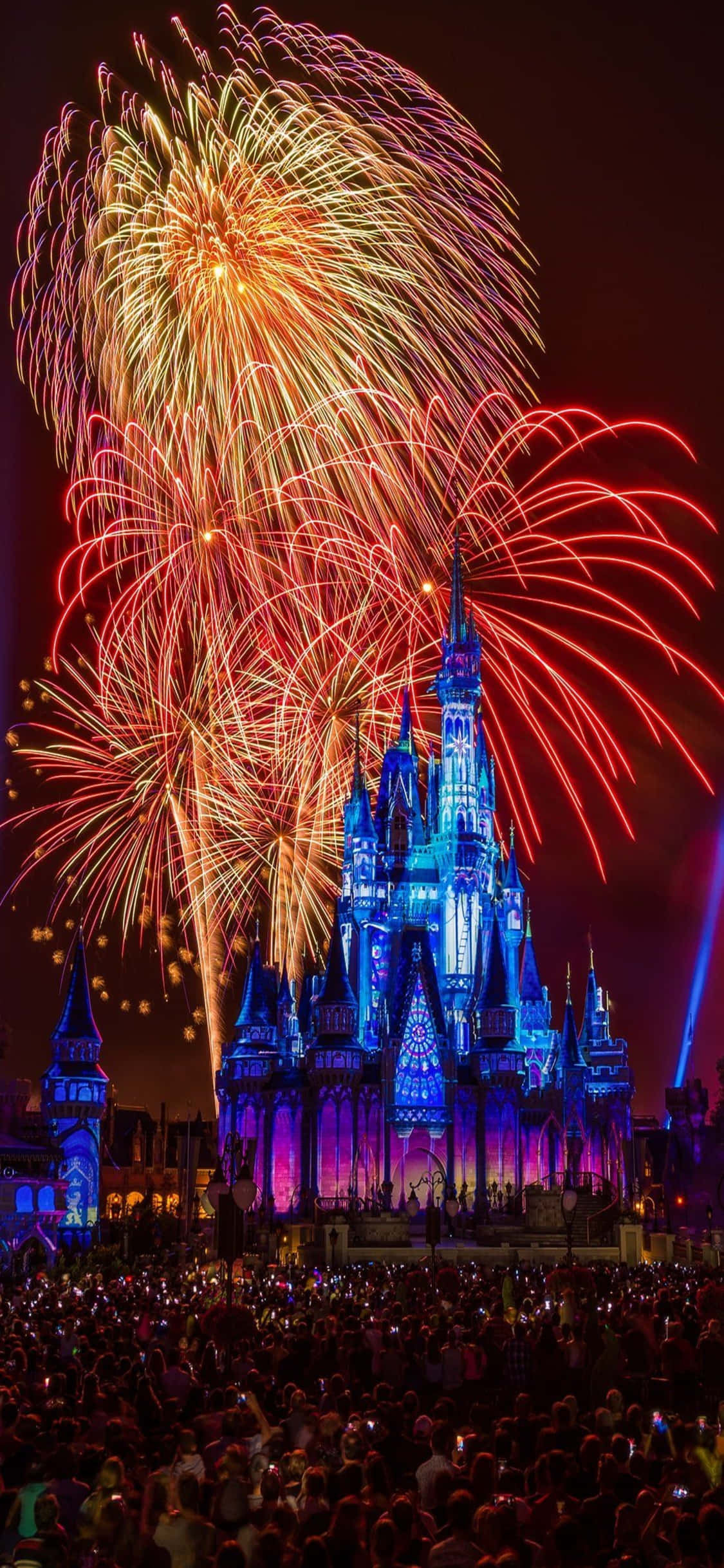 Fireworks 桌布 壁紙 — 色彩繽紛的煙火在燈火輝煌的城堡上空綻放，人群在夜晚敬畏地觀看。