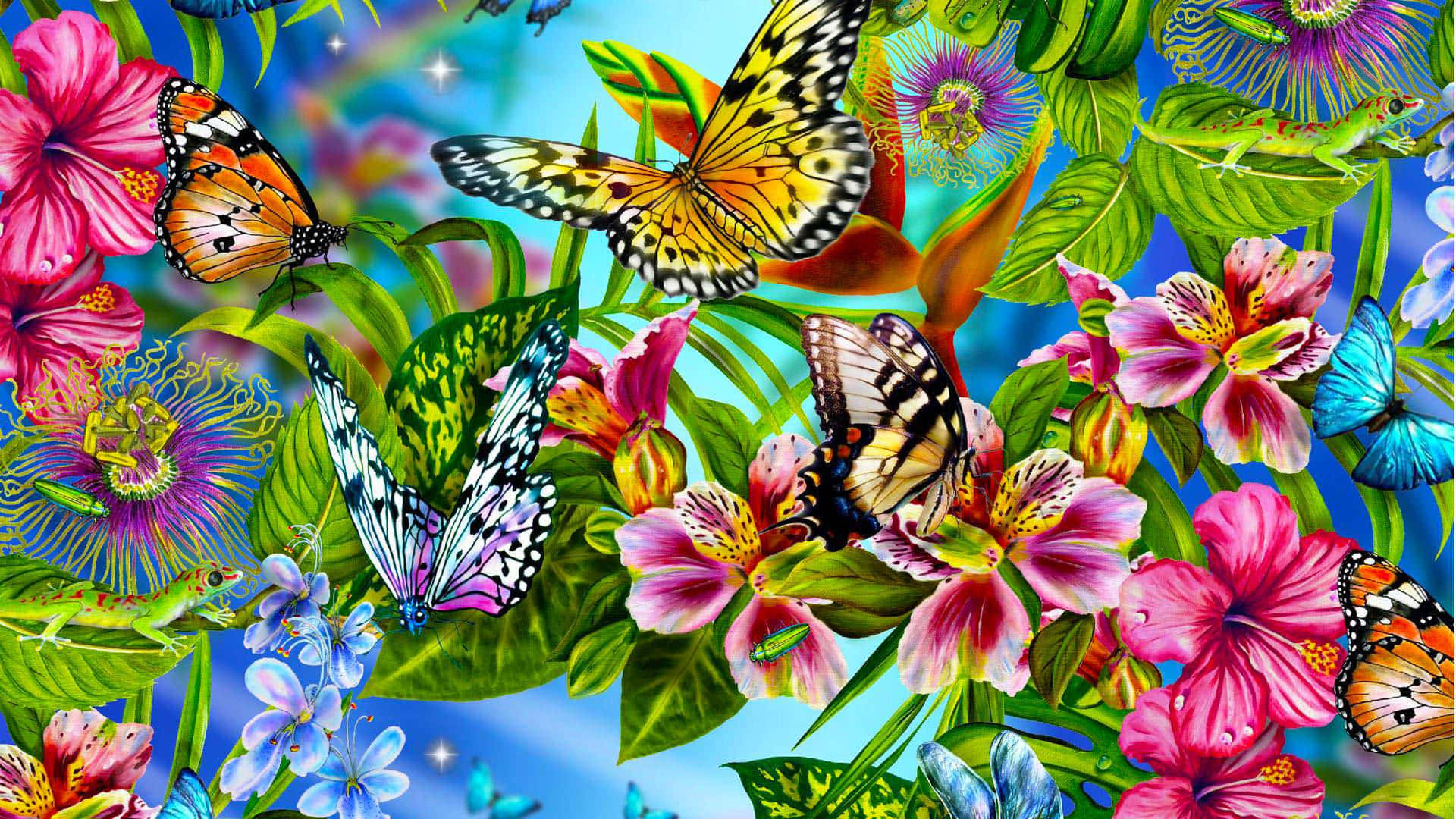 Butterflies Laptop 桌布 壁紙 — 色彩繽紛的熱帶蝴蝶和異國花卉在明亮的藍天和閃爍的星星襯托下盛開。