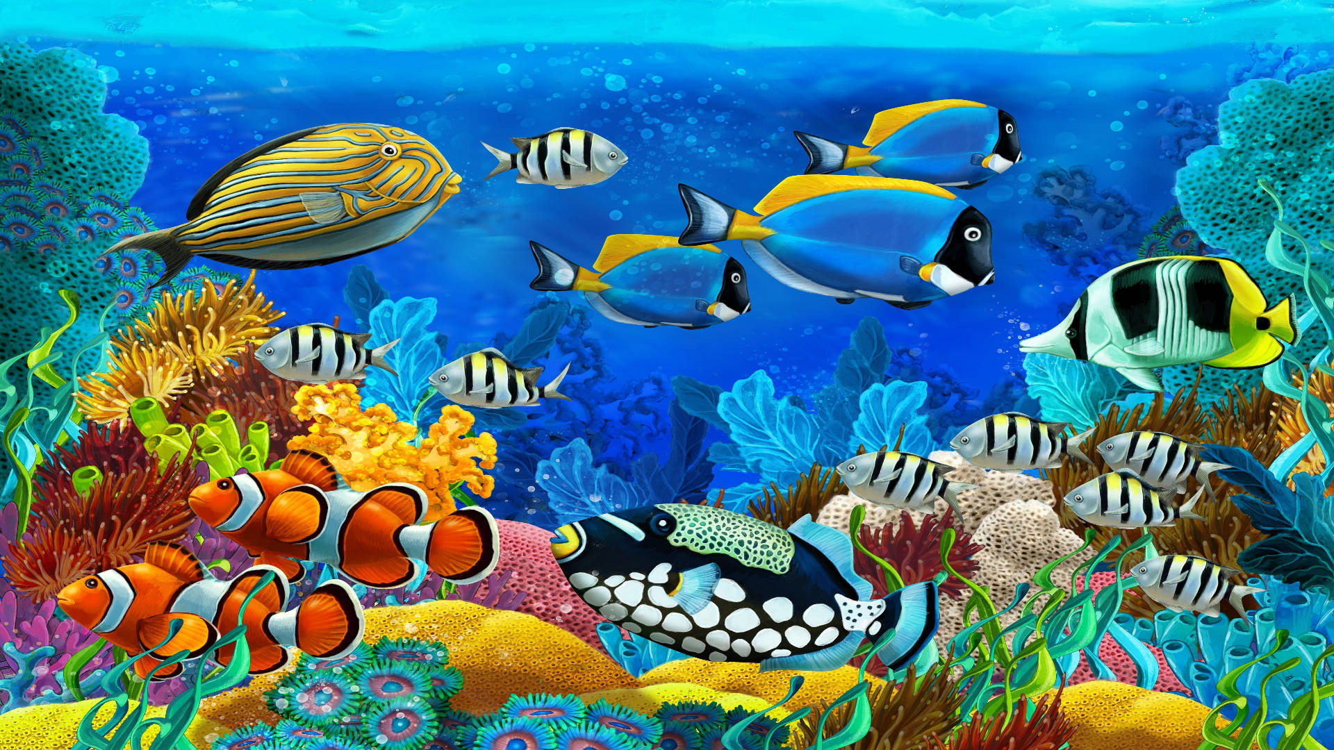 色彩繽紛的熱帶魚在清澈的藍色海水中於珊瑚礁間游動。 — 魚 GIF 壁紙