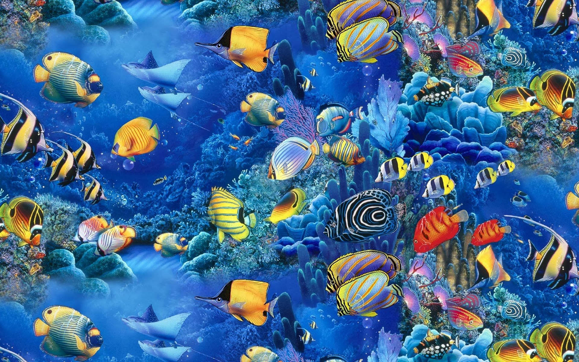酷魚 桌布 壁紙 — 色彩繽紛的熱帶魚在深藍色海洋中游弋於多彩珊瑚礁之間。