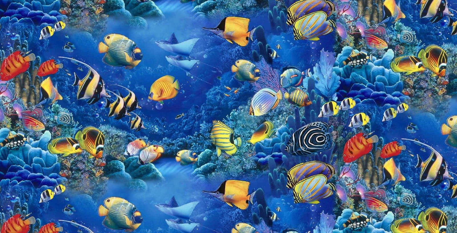 Aquarium 桌布 壁紙 — 色彩繽紛的熱帶魚在深藍色海洋中穿梭於多彩的珊瑚礁之間。