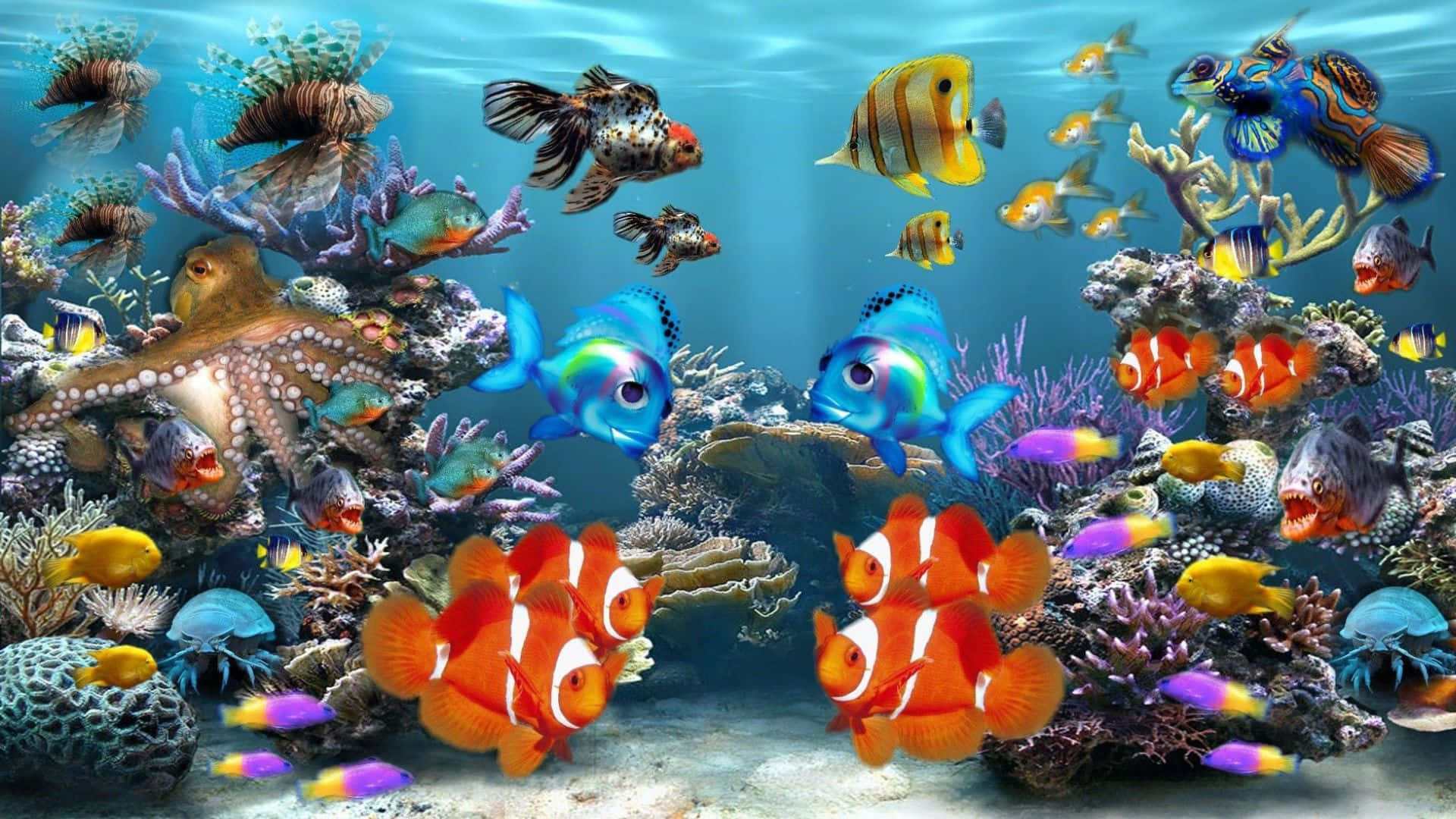 3d Fish Tank 桌布 壁紙 — 色彩繽紛的熱帶魚在清澈的藍色海水下，於色彩斑斕的珊瑚礁之間游動。
