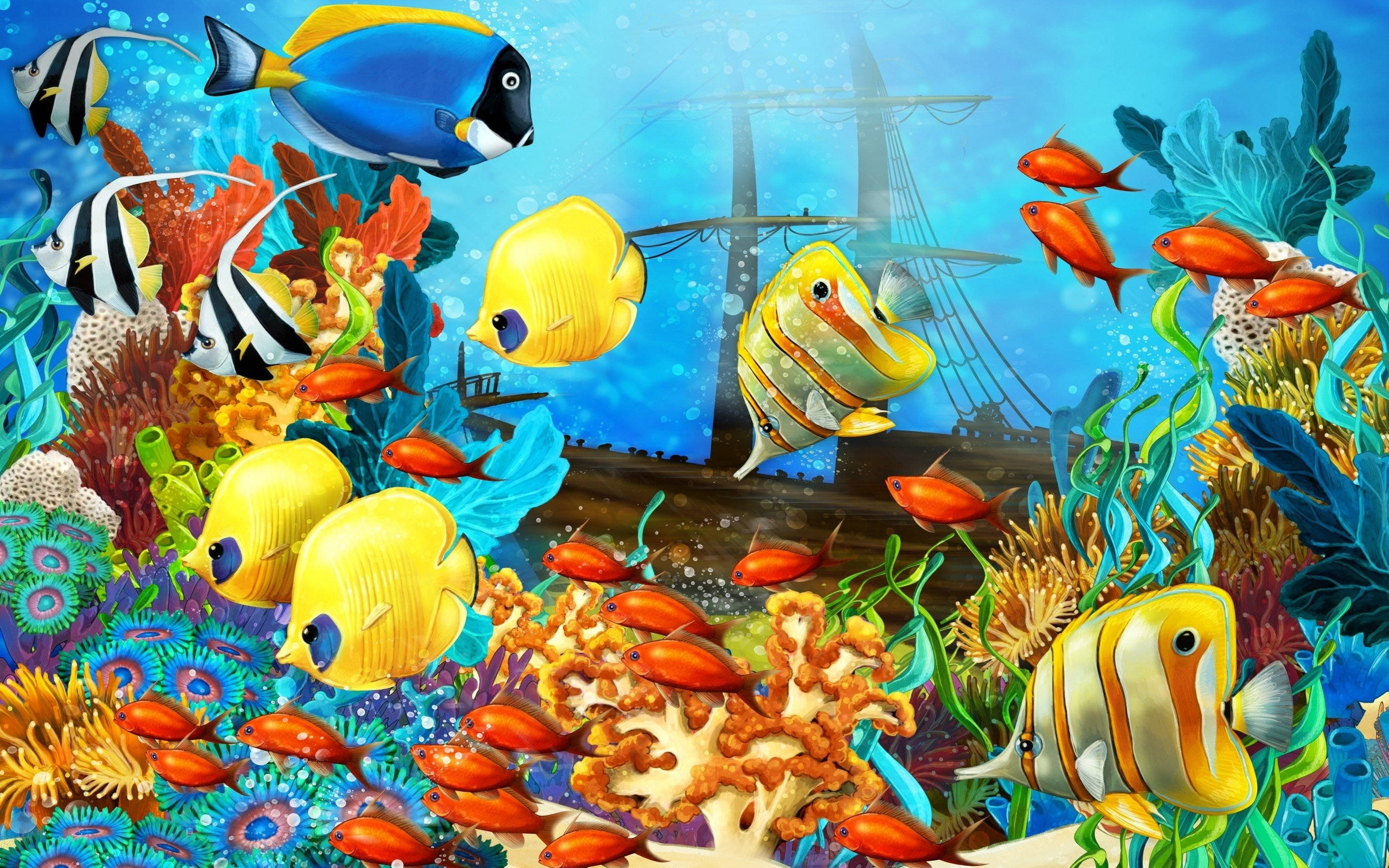 酷魚 桌布 壁紙 — 色彩繽紛的熱帶魚在色彩斑斕的珊瑚礁中游動，背景有一艘沉船。