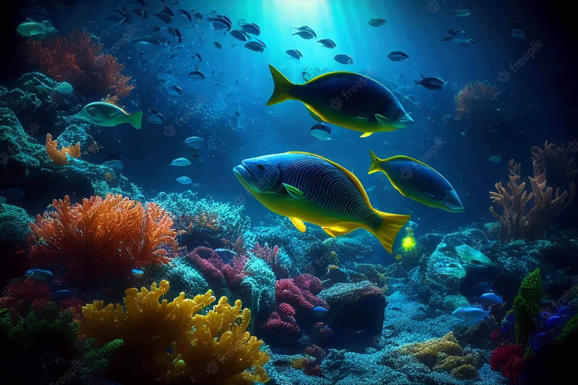 桌布 壁紙 — 色彩繽紛的熱帶魚在色彩斑斕的珊瑚礁中游動，沐浴在從上方過濾下來的藍色陽光中。