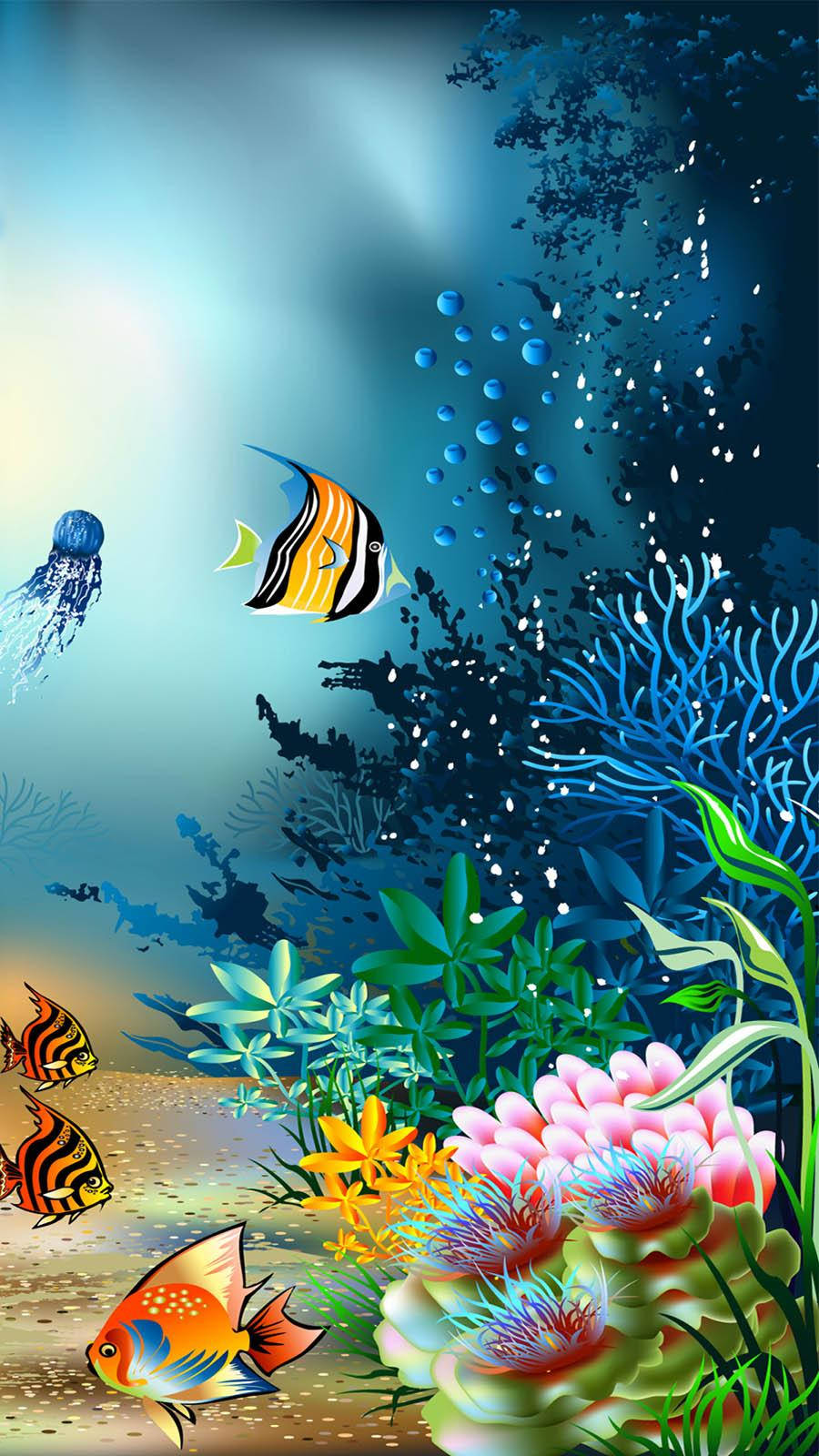 魚 桌布 壁紙 — 色彩繽紛的熱帶魚在陽光普照的水底天堂中，穿梭於多彩的珊瑚和發光的水母之間。