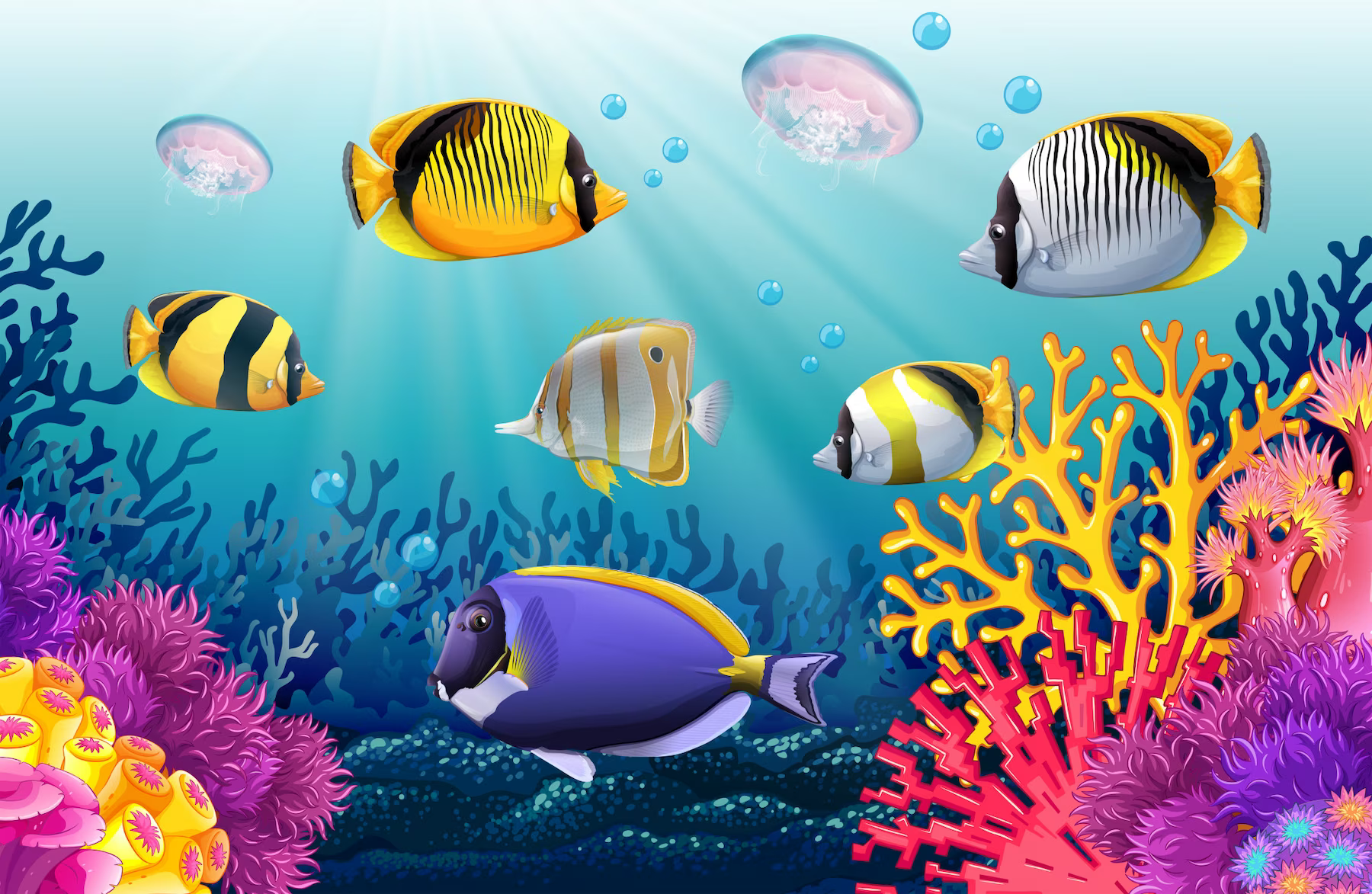 色彩繽紛的熱帶魚海底場景 壁紙
