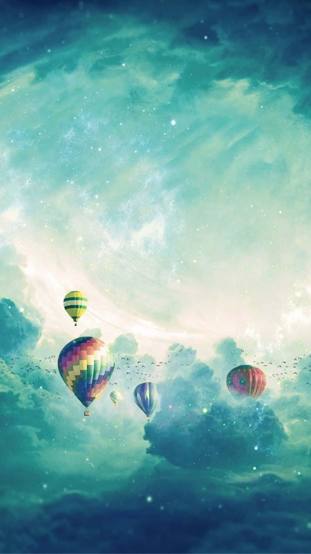 dreamy 桌布 壁紙 — 色彩繽紛的熱氣球在夢幻般的青綠色和白色宇宙天空中飄浮，滿佈星星和柔軟的雲朵。