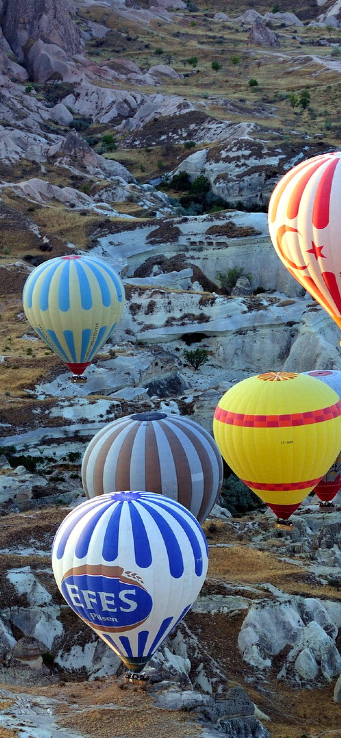 Cappadocia 桌布 壁紙 — 色彩繽紛的熱氣球在晴朗天空下飄浮於卡帕多奇亞崎嶇的岩石地貌之上。