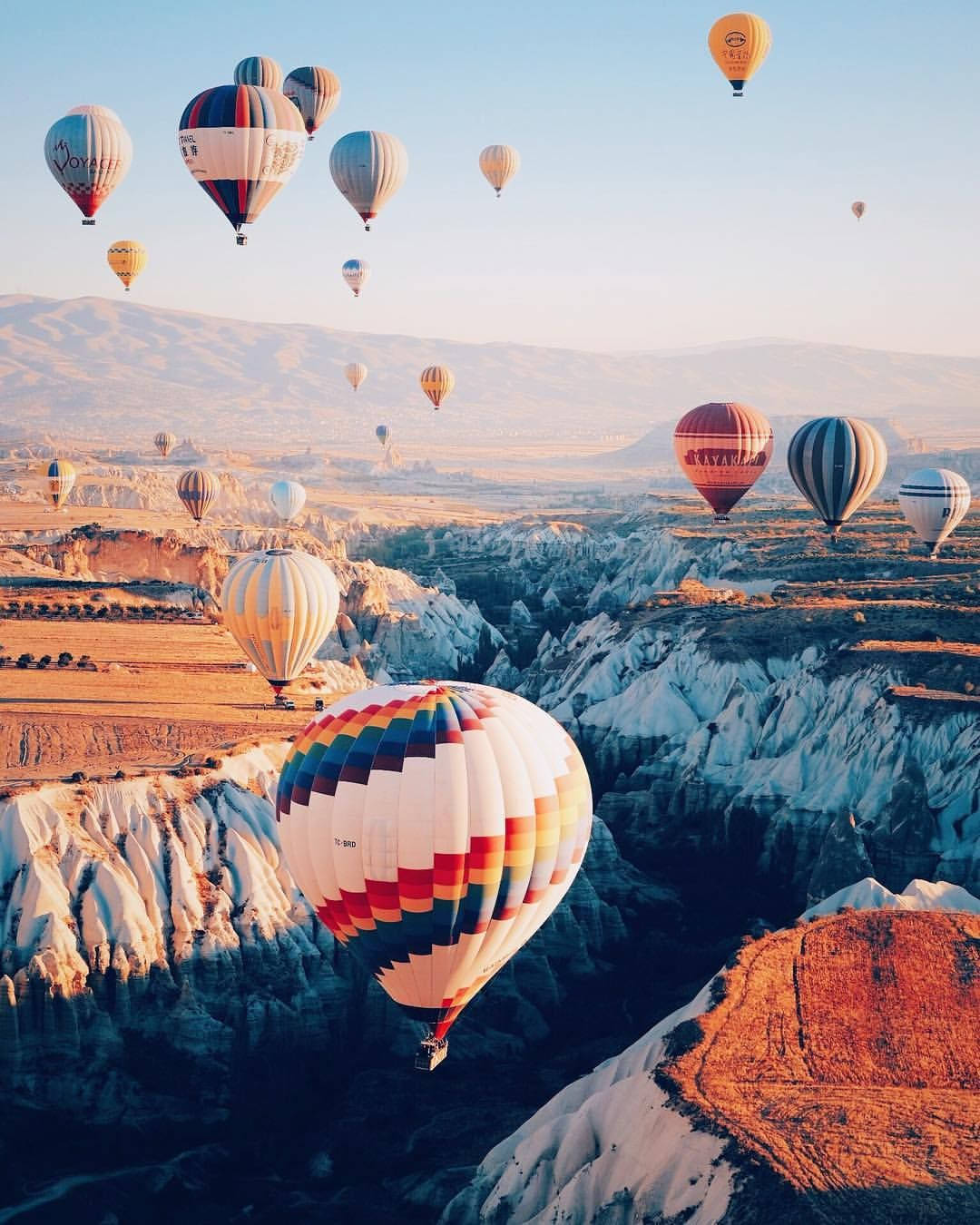 Cappadocia 桌布 壁紙 — 色彩繽紛的熱氣球在柔和的金色日出天空下，飄浮在超現實的白色岩石地貌之上。