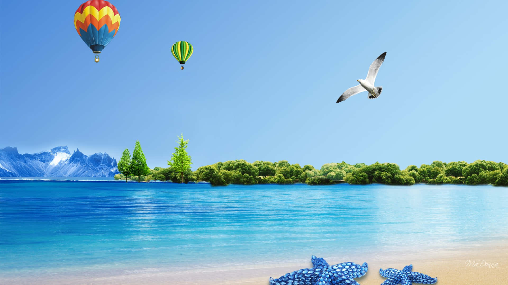 夏天 桌布 壁紙 — 色彩繽紛的熱氣球在碧綠色的海洋上空翱翔，背景是積雪的山峰，一隻海鷗在岸邊的海星附近飛翔。
