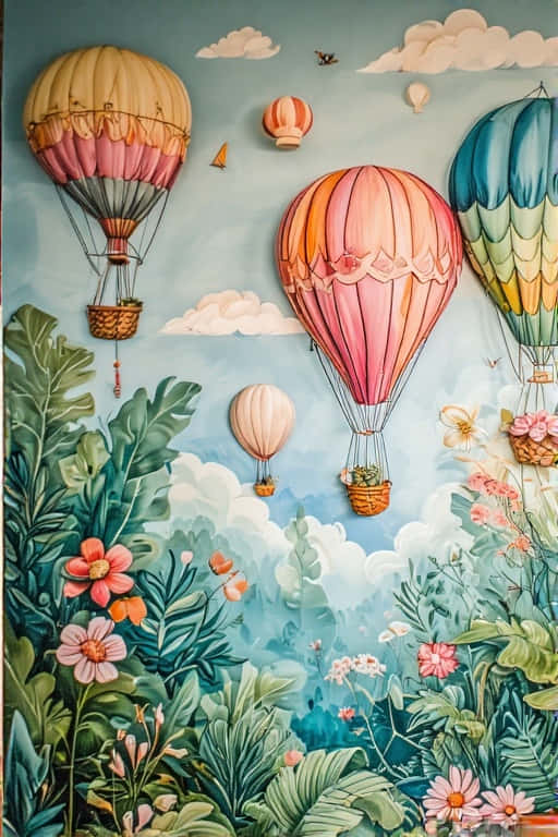 Whimsical mural with hot air balloons and lush greenery 壁紙 — 色彩繽紛的熱氣球漂浮在茂密叢林樹冠上方，下方是柔和的藍天，點綴著蓬鬆的白雲。