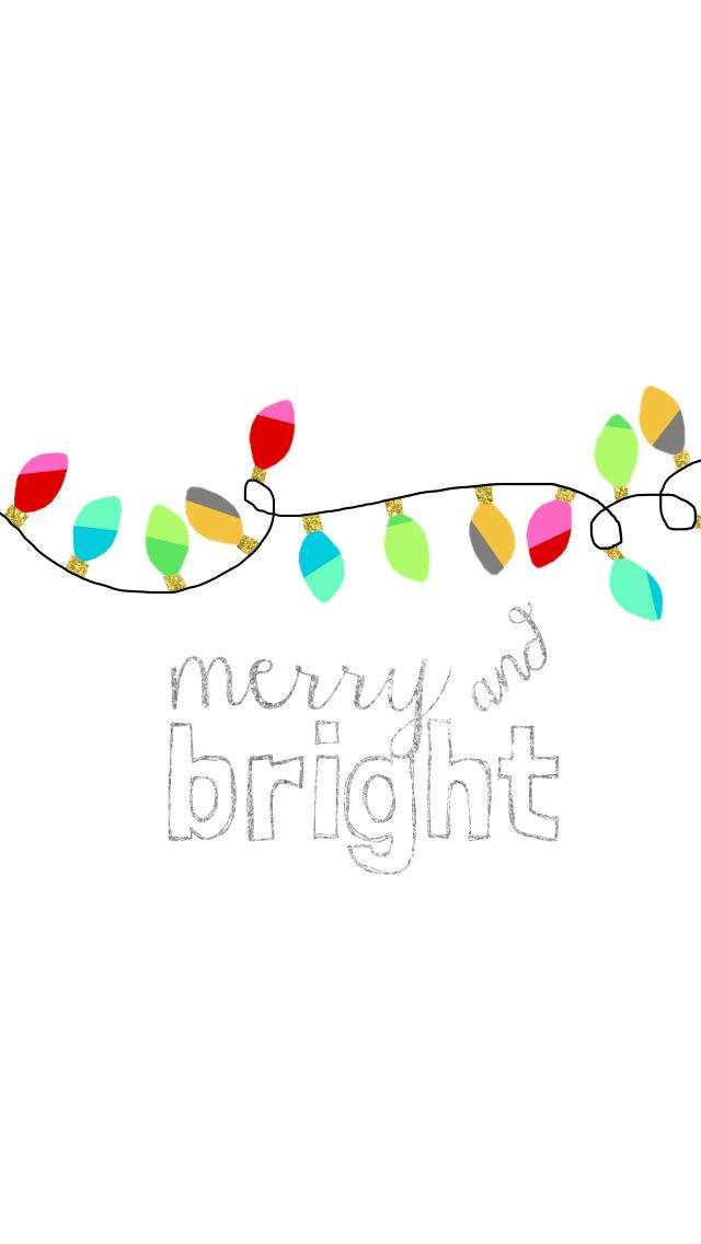 可愛聖誕 iPhone 桌布 壁紙 — 色彩繽紛的燈串彎曲在閃爍的草書文字「merry and bright」上方，背景為白色。