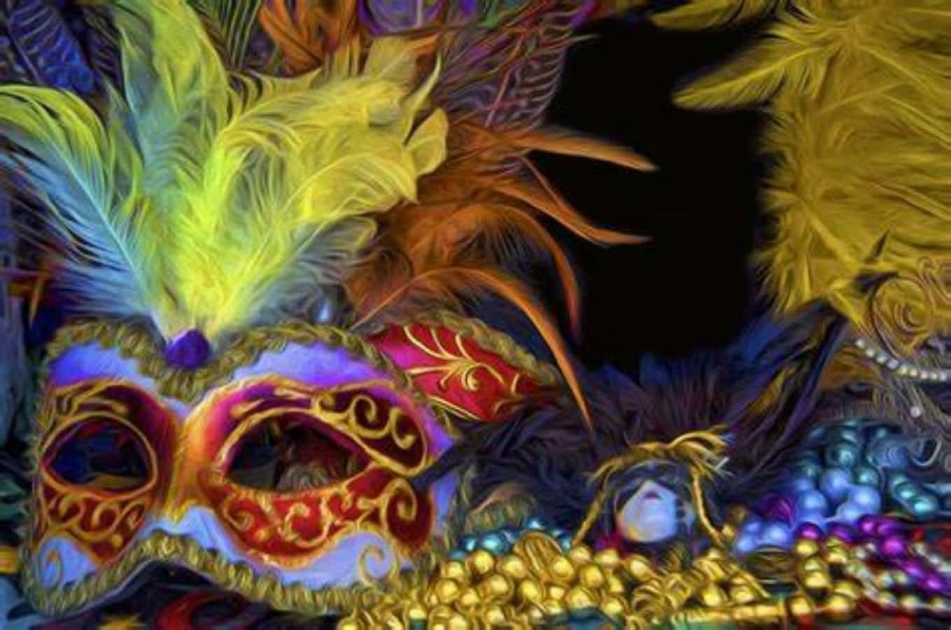 Mardi Gras 桌布 壁紙 — 色彩繽紛的狂歡節面具飾有彩色羽毛和金色珠子，在黑暗背景下閃閃發光。
