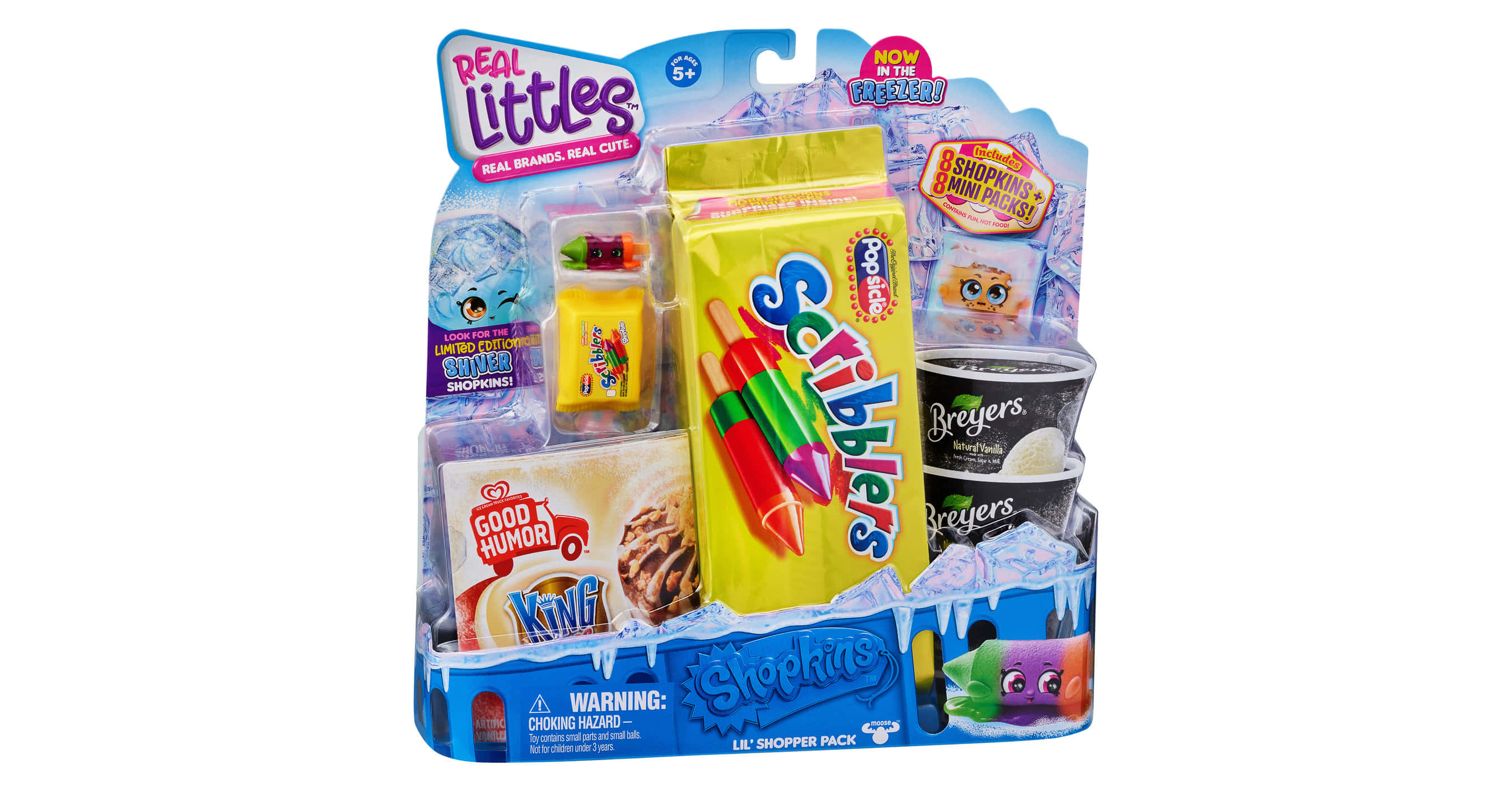 Shopkins 桌布 壁紙 — 色彩繽紛的玩具包裝，內含Shopkins角色和迷你食品，如冰淇淋和糖果。