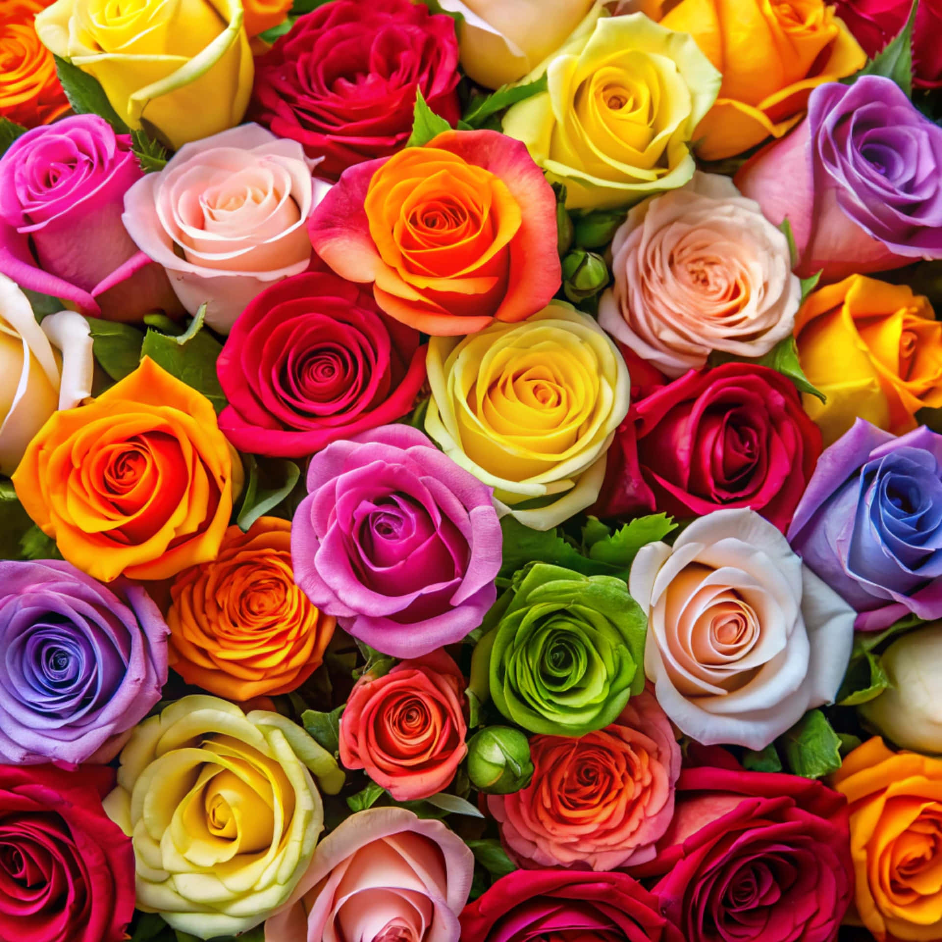Rose flowers 壁紙 — 色彩繽紛的玫瑰近距離特寫，有粉紅、黃、橙、紫和綠色，密集排列，配上綠葉。