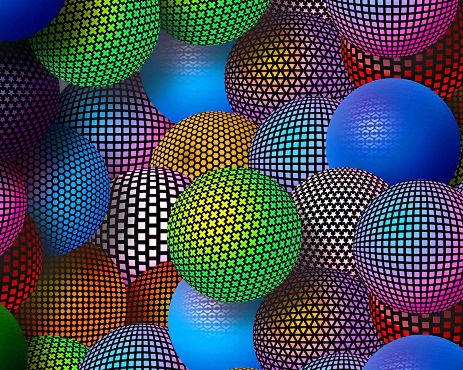 3D 桌布 壁紙 — 色彩繽紛的球體帶有幾何圖案，在密集的迷幻數位構圖中重疊。