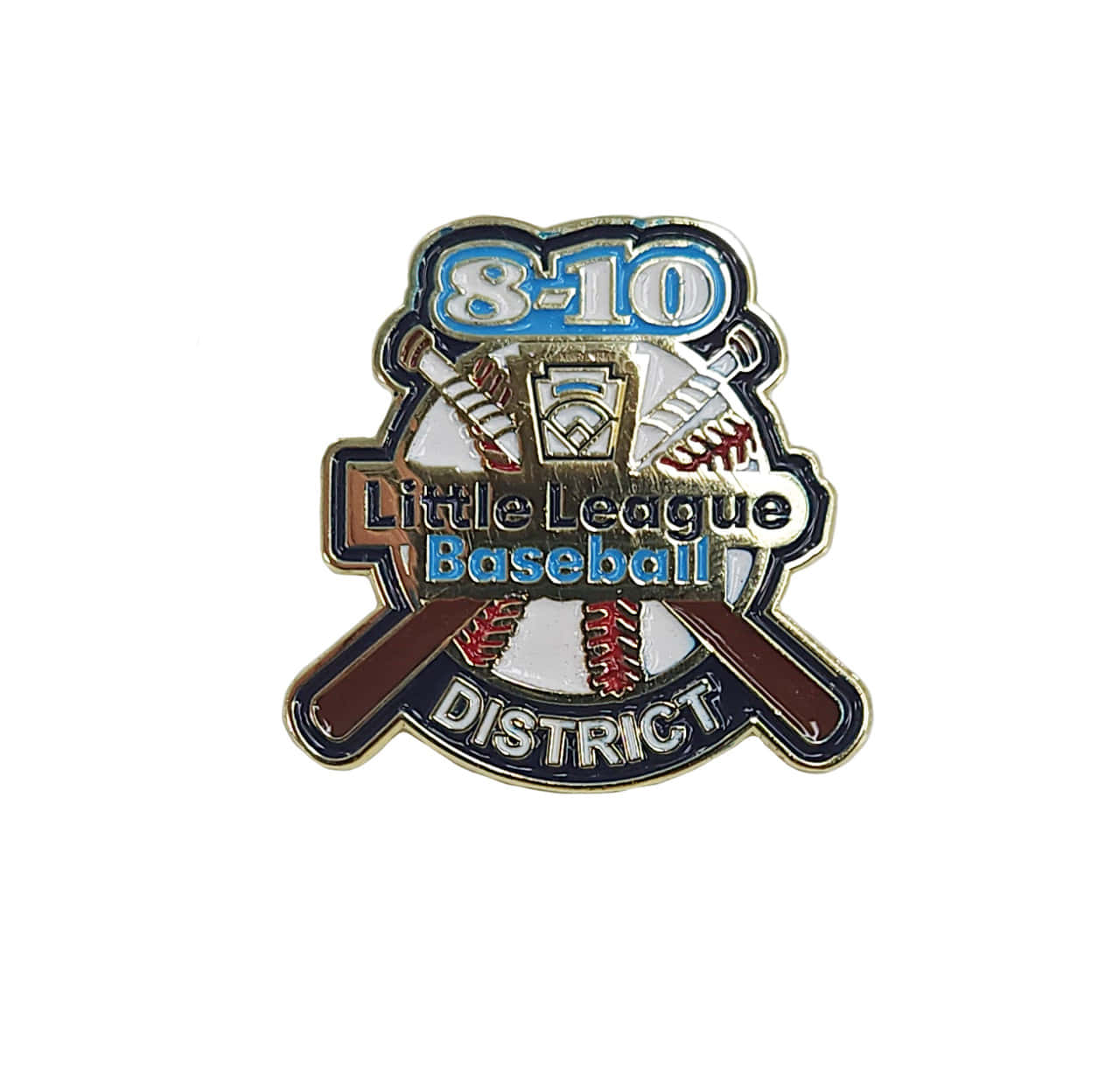 Little League Baseball 桌布 壁紙 — 色彩繽紛的琺瑯別針，上面有交叉的棒球棒、一個棒球，以及文字「8-10 Little League Baseball District」，帶有金色、藍色和紅色點綴。