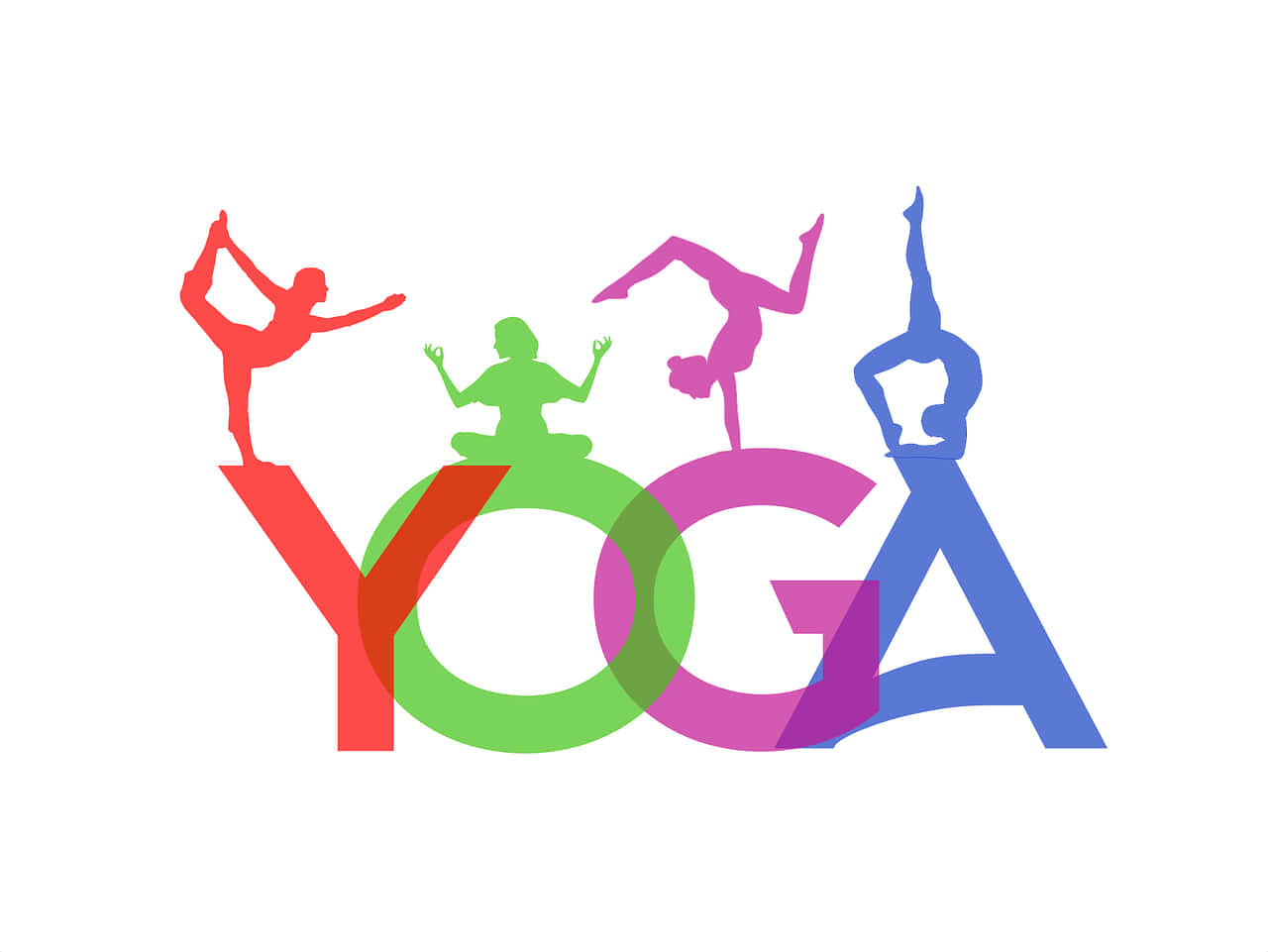 瑜珈 桌布 壁紙 — 色彩繽紛的瑜珈剪影組成「yoga」一詞，每個字母在白色背景上呈現不同的姿勢。
