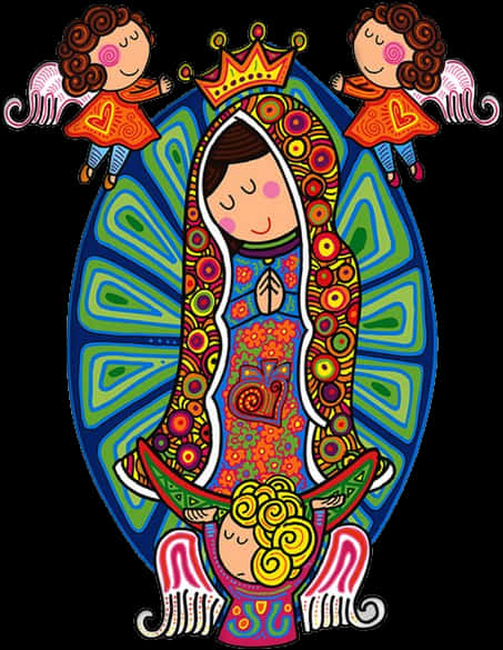 Virgin Mary 桌布 壁紙 — 色彩繽紛的瓜達盧佩聖母插圖，身著花卉長袍，兩側有兩位小天使，背景是光芒四射的藍綠色曼陀羅。