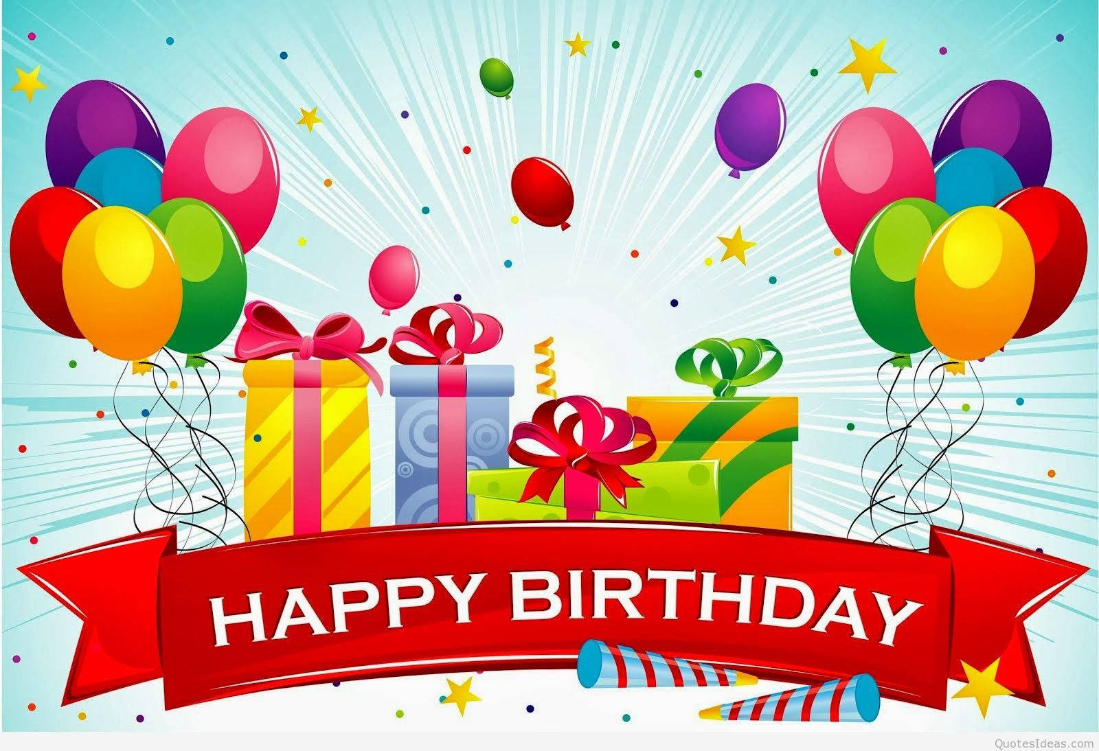 生日快樂 桌布 壁紙 — 色彩繽紛的生日慶祝活動，氣球、禮物和五彩紙屑從紅色橫幅中散發出來。