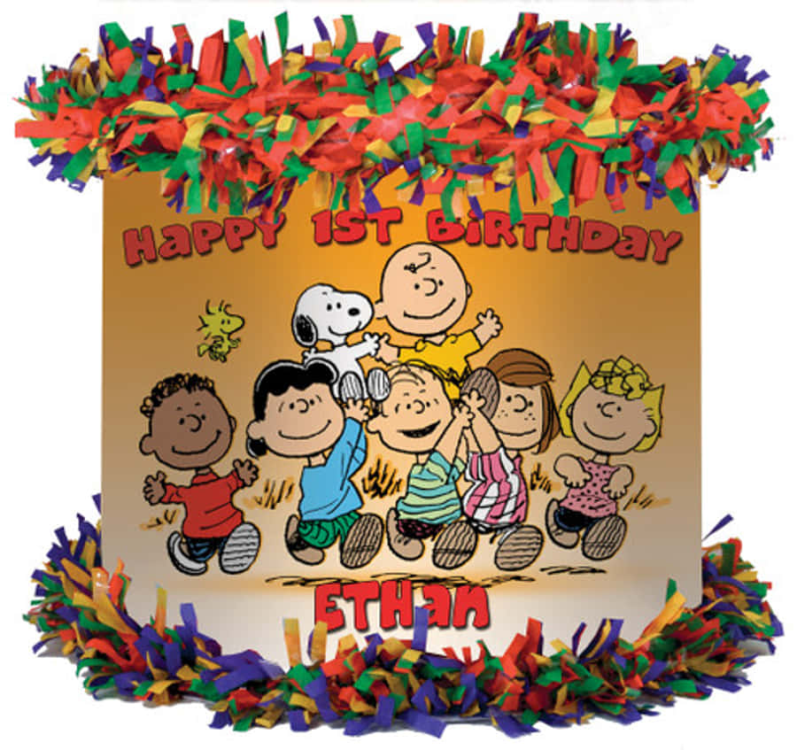 Charlie Brown Birthday 桌布 壁紙 — 色彩繽紛的生日橫幅，以花生漫畫角色慶祝伊森的一歲生日，配有節日流蘇飾邊。