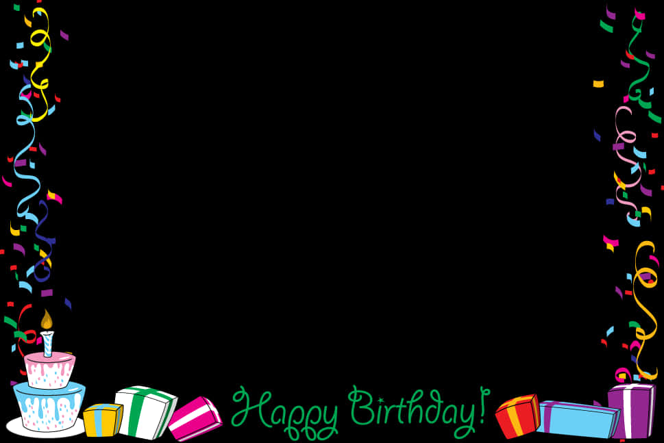 Happy Birthday Frames 桌布 壁紙 — 色彩繽紛的生日邊框，蛋糕、禮物和五彩紙屑圍繞著黑色中心，背景為深色。