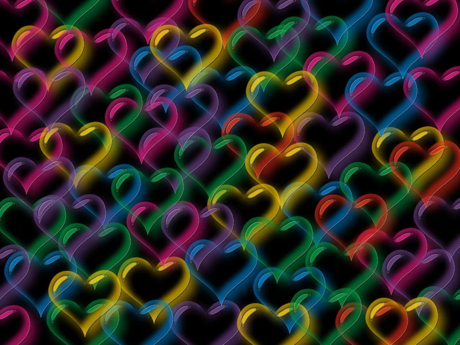 Neon Colors 桌布 壁紙 — 色彩繽紛的發光心形在黑暗背景上以重複圖案漂浮。