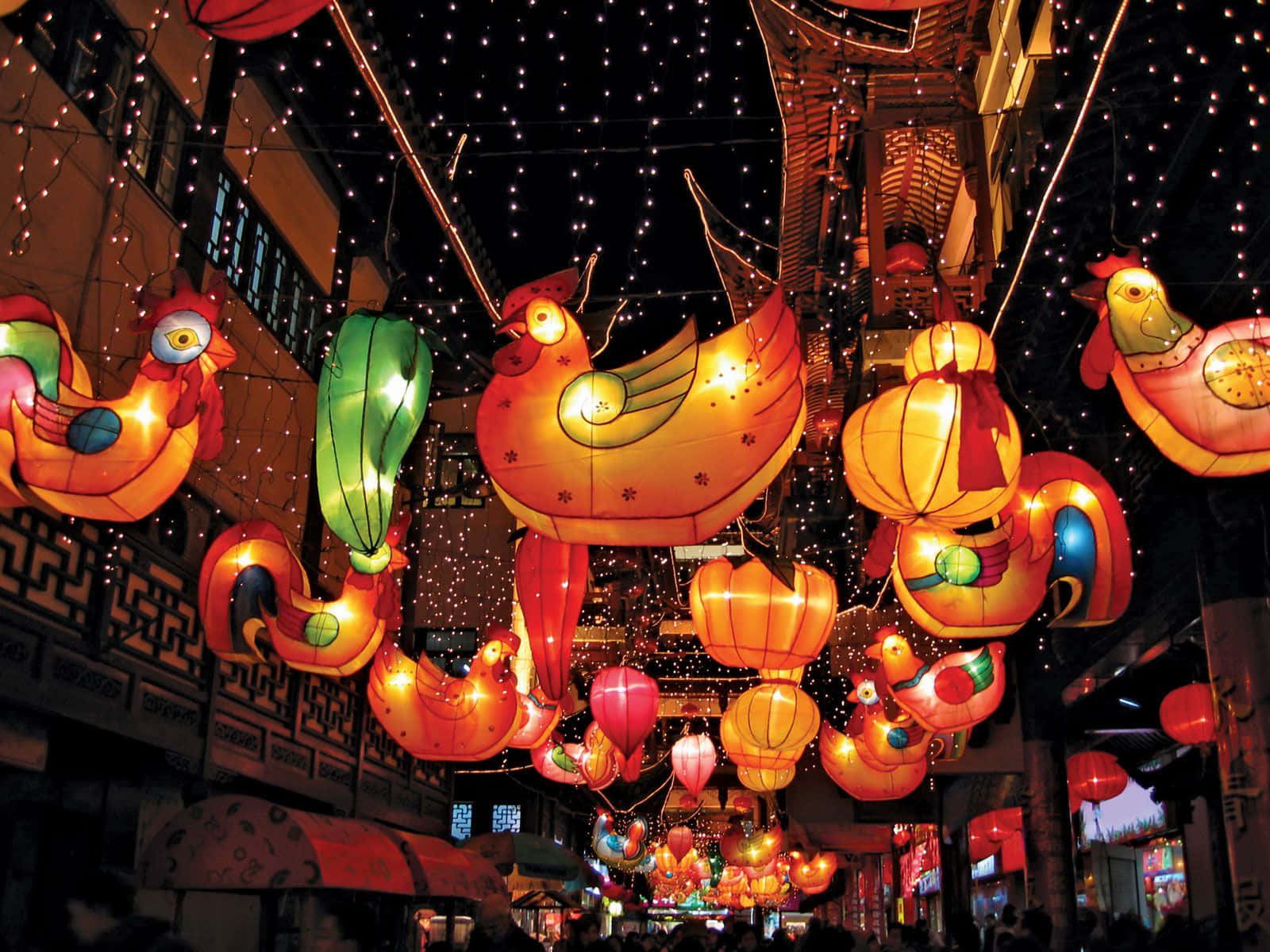 Lantern 桌布 壁紙 — 色彩繽紛的發光雞和燈籠裝飾懸掛在熱鬧的夜間街頭節日上方。