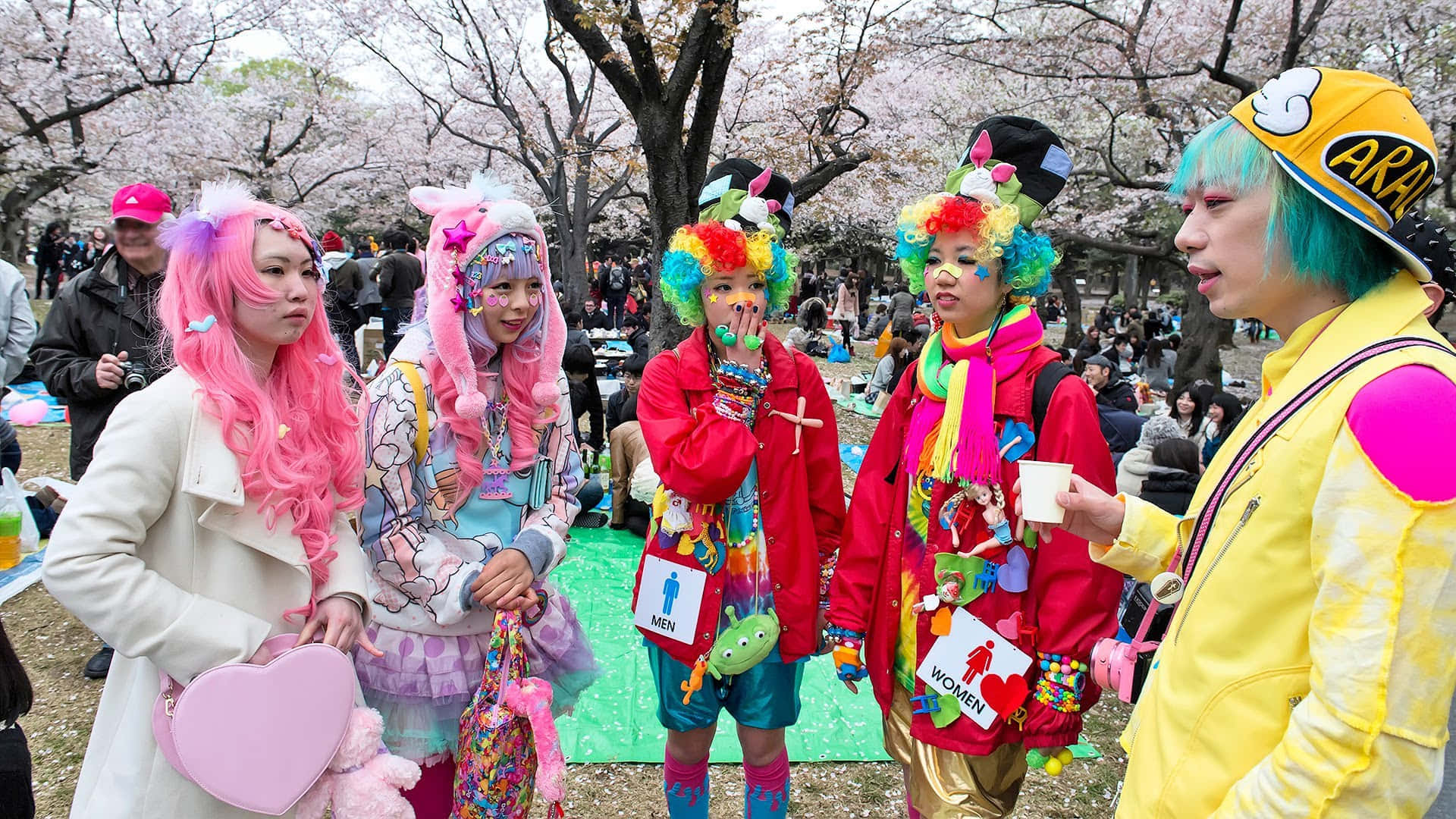 Harajuku Fashion 桌布 壁紙 — 色彩繽紛的盛裝人物戴著彩色假髮和配飾，在盛開的櫻花樹下聚集於熱鬧的公園場景中。