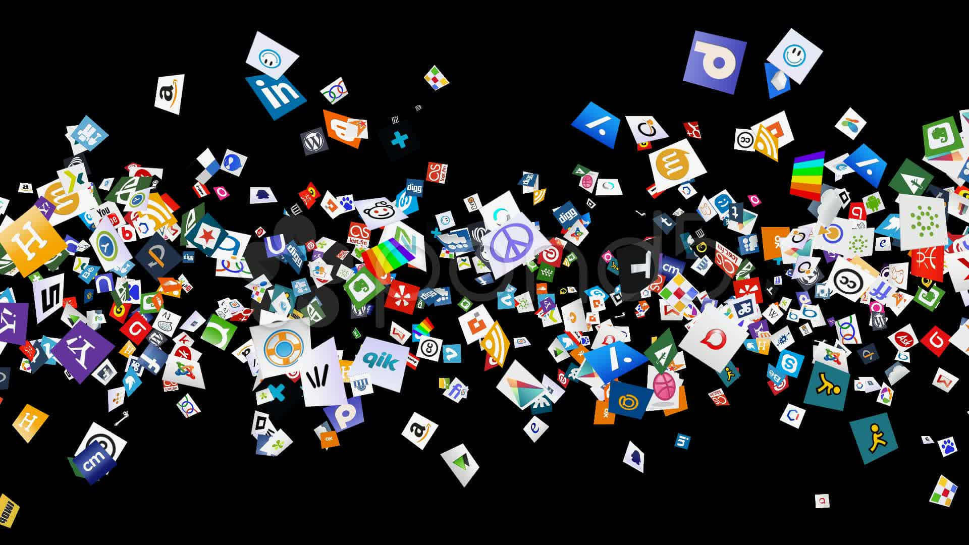 Social Media Icons 桌布 壁紙 — 色彩繽紛的社交媒體和科技標誌在黑色背景上漂浮的動態爆炸。