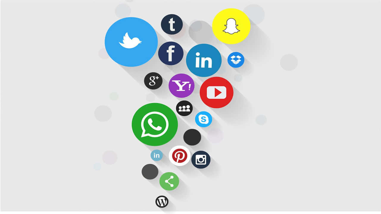 Social Media Logos 桌布 壁紙 — 色彩繽紛的社交媒體應用程式圖標瀑布，帶有長陰影，背景為淺灰色。