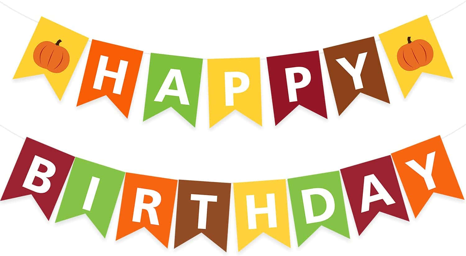 Fall Birthday 桌布 壁紙 — 色彩繽紛的秋季主題生日橫幅，南瓜和粗體字在潔白背景上。