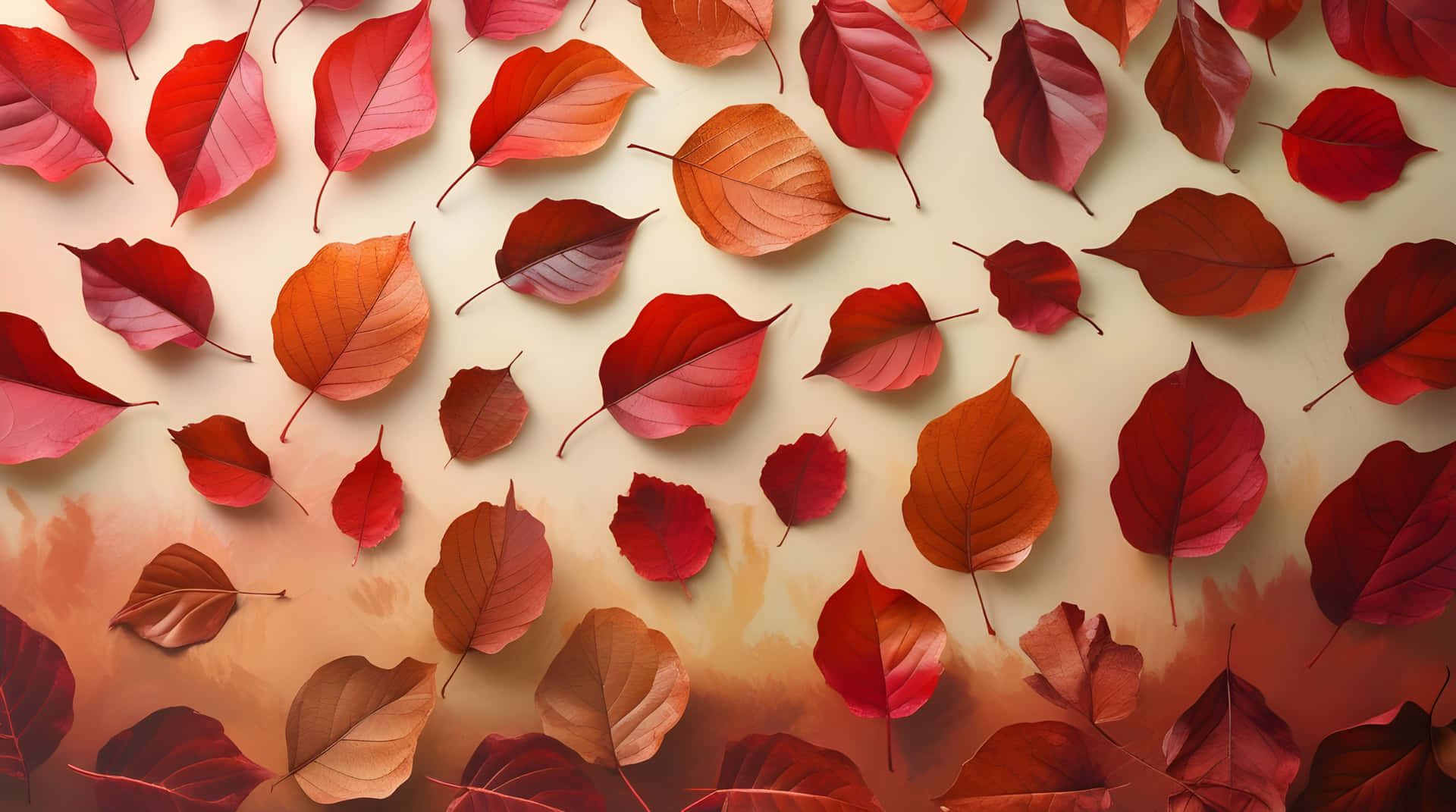 Dry red fallen leaves wallpaper 壁紙 — 色彩繽紛的秋葉，以豐富的紅色、橙色和棕色調散落在溫暖的漸變背景上。