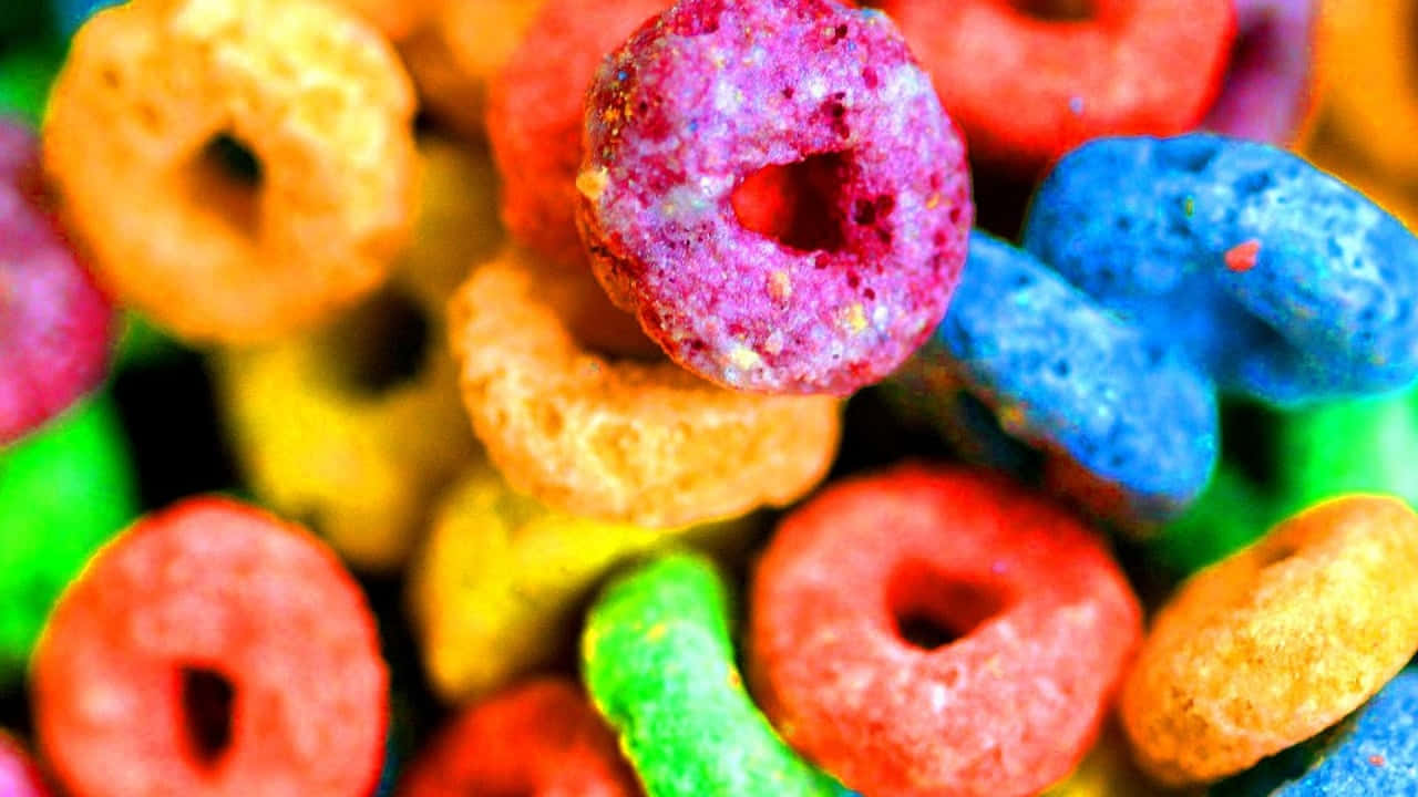 cereal 桌布 壁紙 — 色彩繽紛的穀物圈特寫，呈現鮮豔的紅、黃、藍、綠色調。