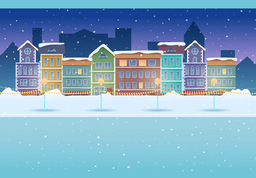 背景 桌布 壁紙 — 色彩繽紛的積雪建築在飄雪下溫暖地發光，映襯著暮色天空。