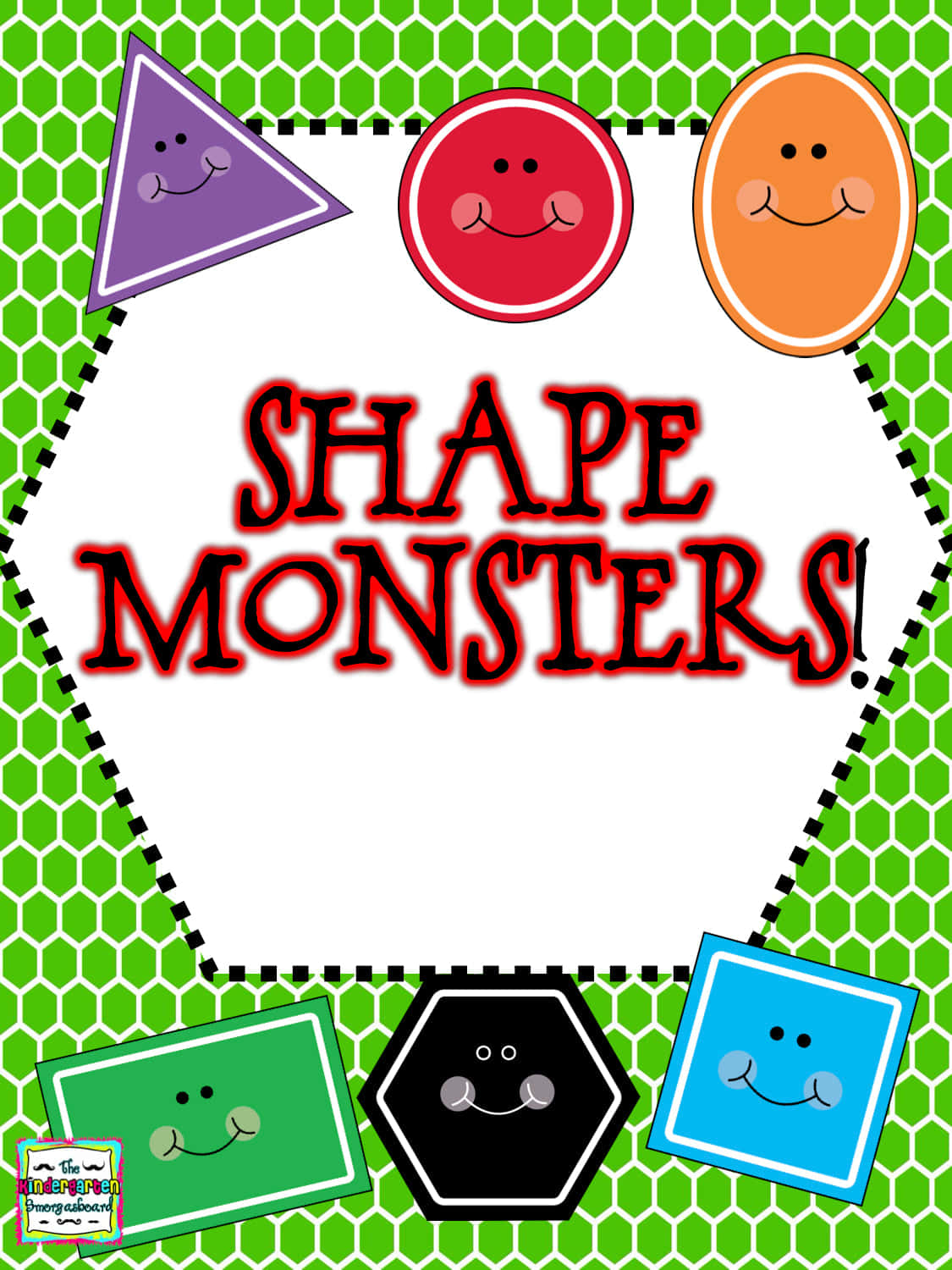 Shapes 桌布 壁紙 — 色彩繽紛的笑臉幾何怪物漂浮在綠色六邊形背景上的粗體紅色文字周圍。