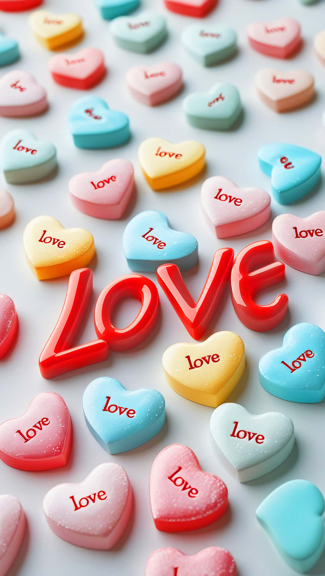 Valetine's day 壁紙 — 色彩繽紛的粉彩心形糖果，帶有紅色「love」文字，散落在一個大型光澤紅色「LOVE」字樣周圍。