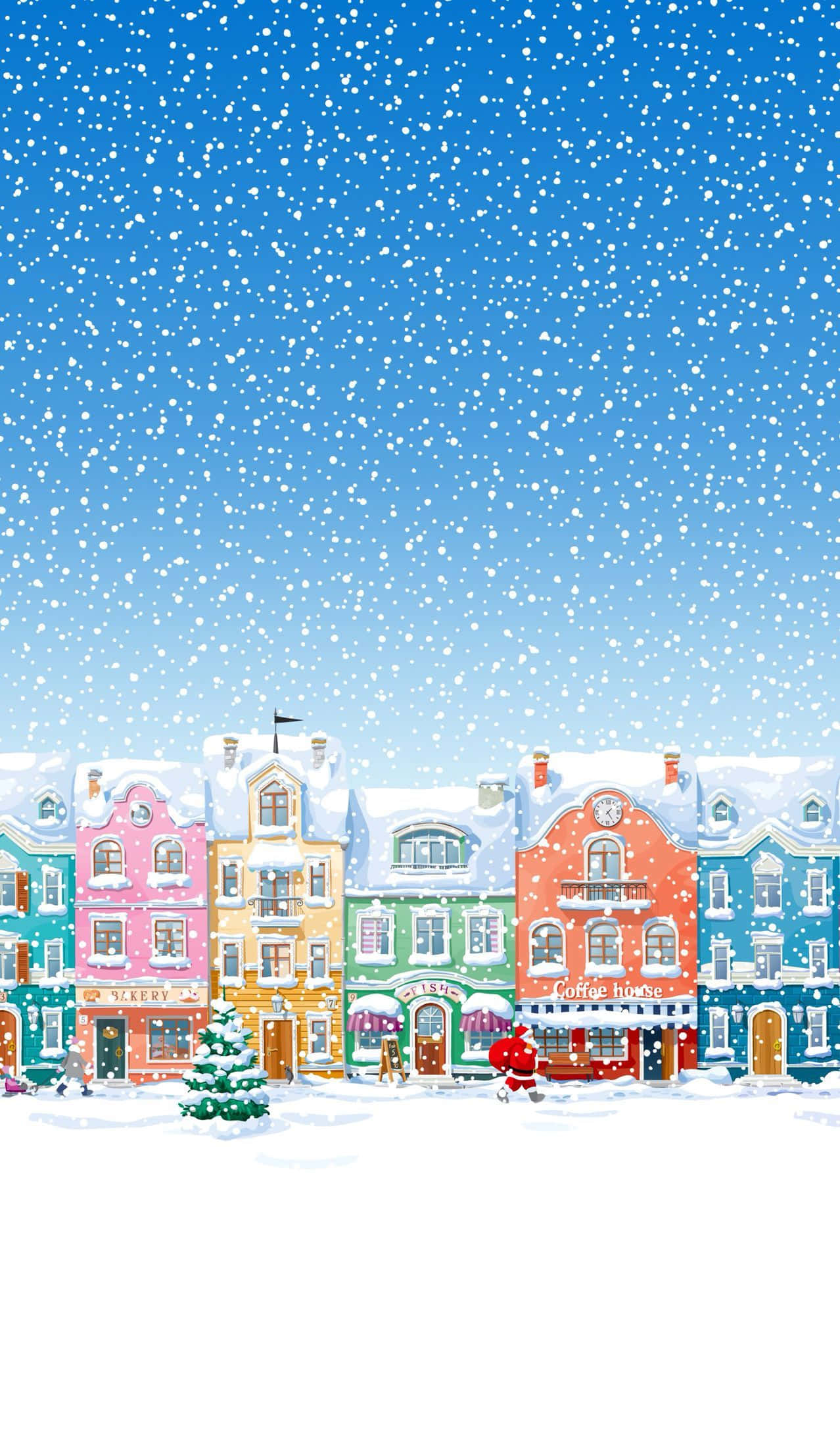 雪 桌布 壁紙 — 色彩繽紛的粉彩歐洲風格建築被白雪覆蓋，在明亮的藍天下飄落著雪花。