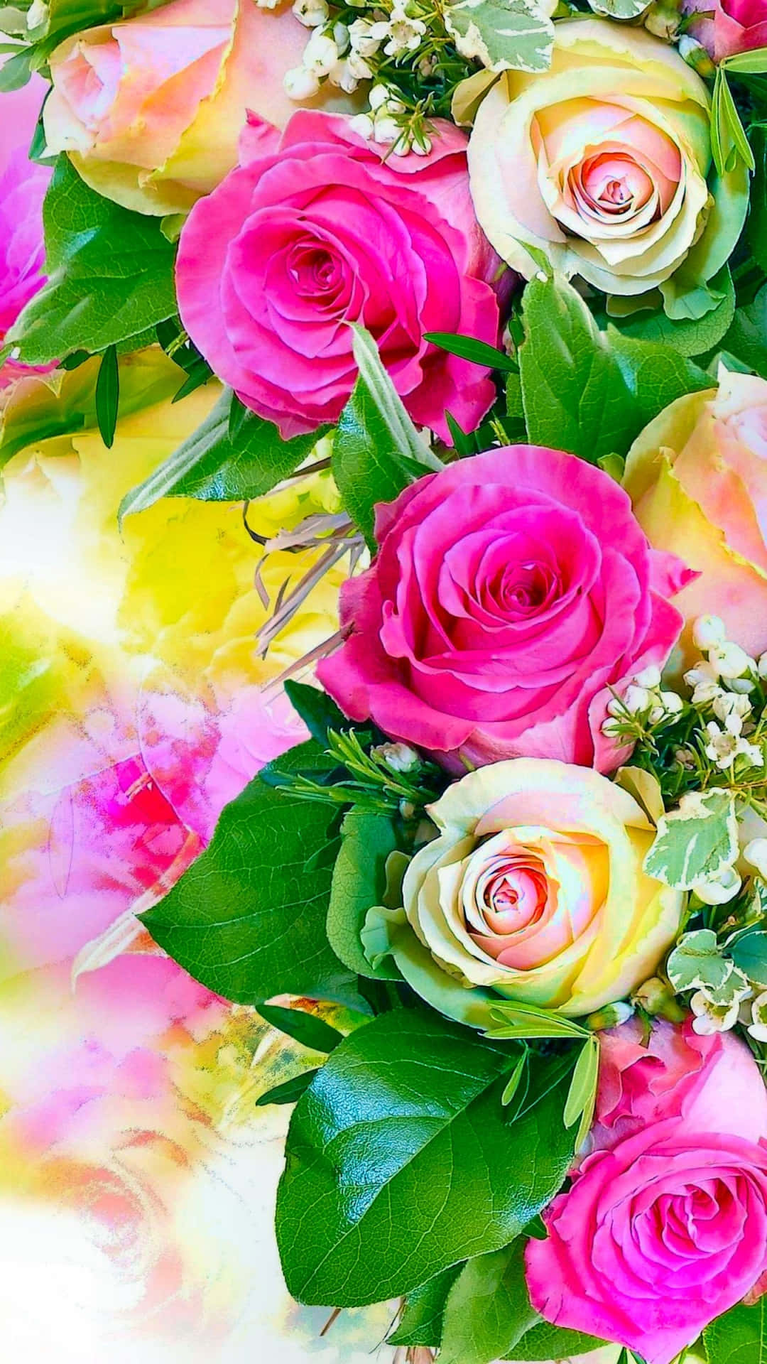iPhone X Roses 桌布 壁紙 — 色彩繽紛的粉紅和黃玫瑰束，搭配綠葉，襯托在多彩抽象水彩背景上。