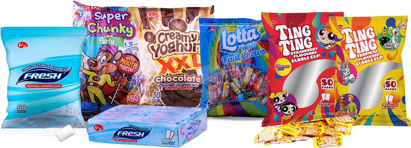 Sweets 桌布 壁紙 — 色彩繽紛的糖果和口香糖包裝的充滿活力的系列，以卡通角色和大膽的品牌為特色。