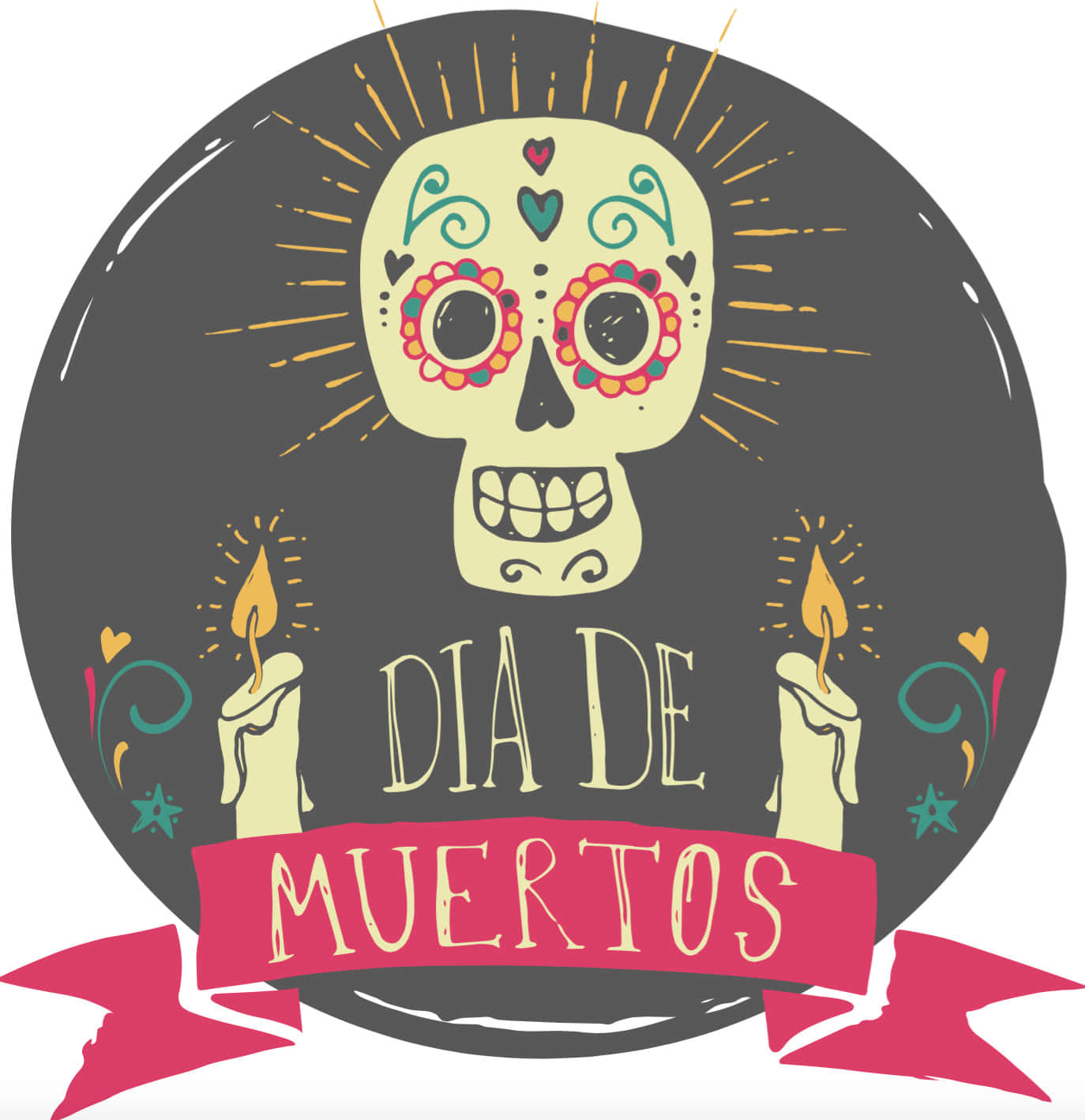 Dia De Los Muertos 桌布 壁紙 — 色彩繽紛的糖骷髏，帶有花卉眼睛裝飾和放射狀太陽光線，兩側有燃燒的蠟燭和寫有「DIA DE MUERTOS」的紅色橫幅。