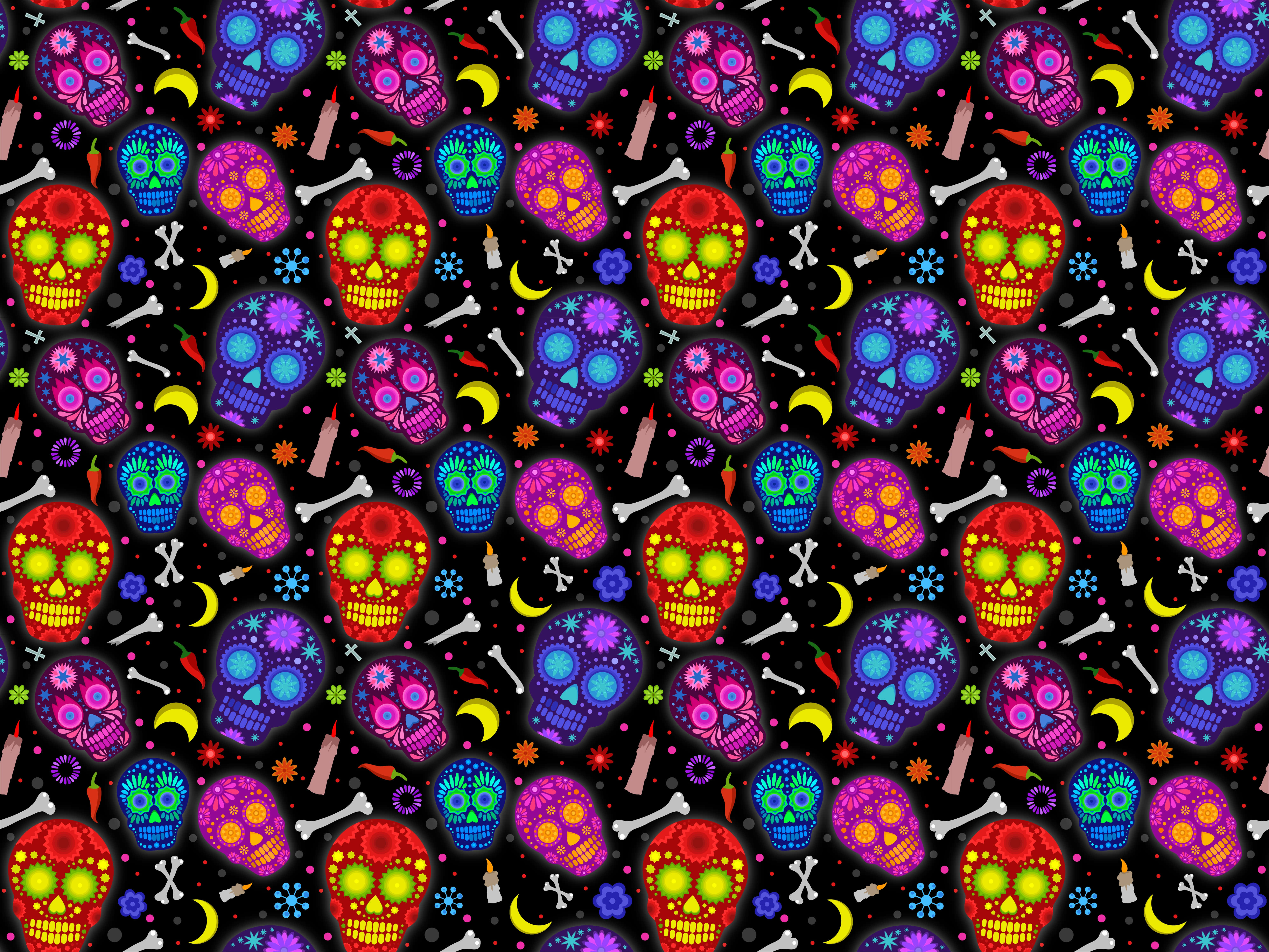 Sugar Skull Phone 桌布 壁紙 — 色彩繽紛的糖骷髏頭配上骨頭和蠟燭，在黑色背景上重複形成節日圖案。
