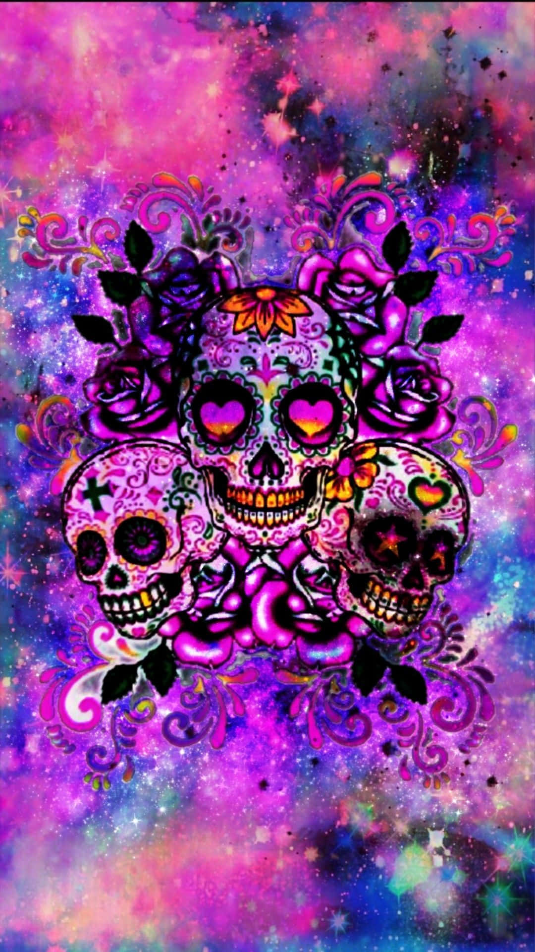 Sugar Skull Phone 桌布 壁紙 — 色彩繽紛的糖骷髏頭飾以玫瑰和漩渦，漂浮在宇宙紫色和粉紅色的銀河背景上。